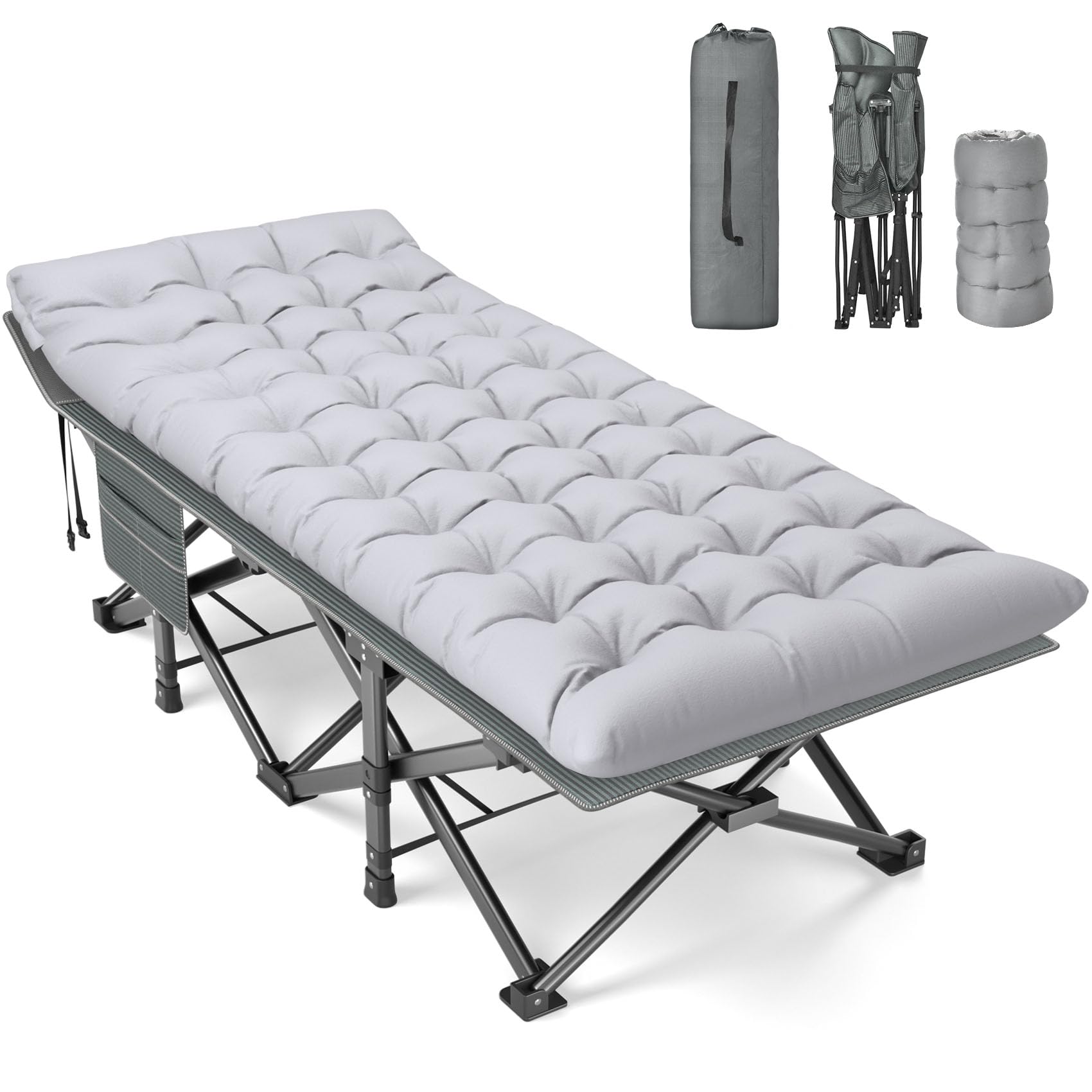 Slendor XXL Folding Camping Cot for Adults,79" L x 32" W x 19" H Camp Cot, Oversized Sleeping Cot with Mattress, Carry Bag, Strapping, Cot Bed for Tent, Office Support 500lbs, Stripe Gray Cot+Gray Pad