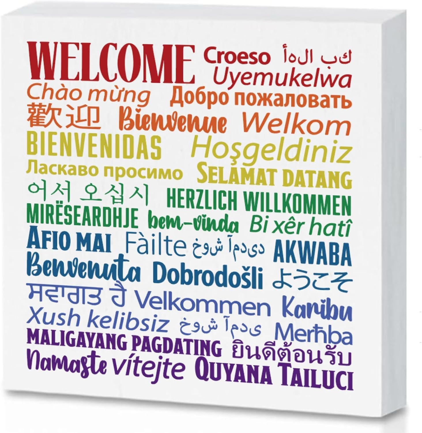 Pibonto Men's Desk Decor 7X7 Inch Welcome In 40 Languages Rustic White Wooden Box Sign ,Wood Block Plaque Box Sign For Home Living Room Office Cubicle Table Decoration
