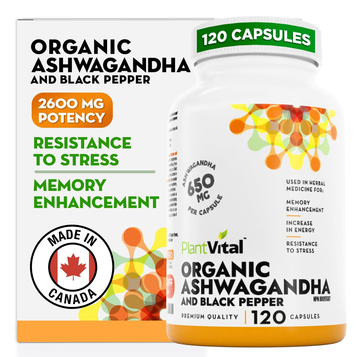 PlantVital Organic Ashwagandha Supplement with Black Pepper - Made in Canada - 2,600mg per day - Ashwagandha Capsules for Stress Relief, Energy Increase, Sleep Aid & Memory Support - 120 count