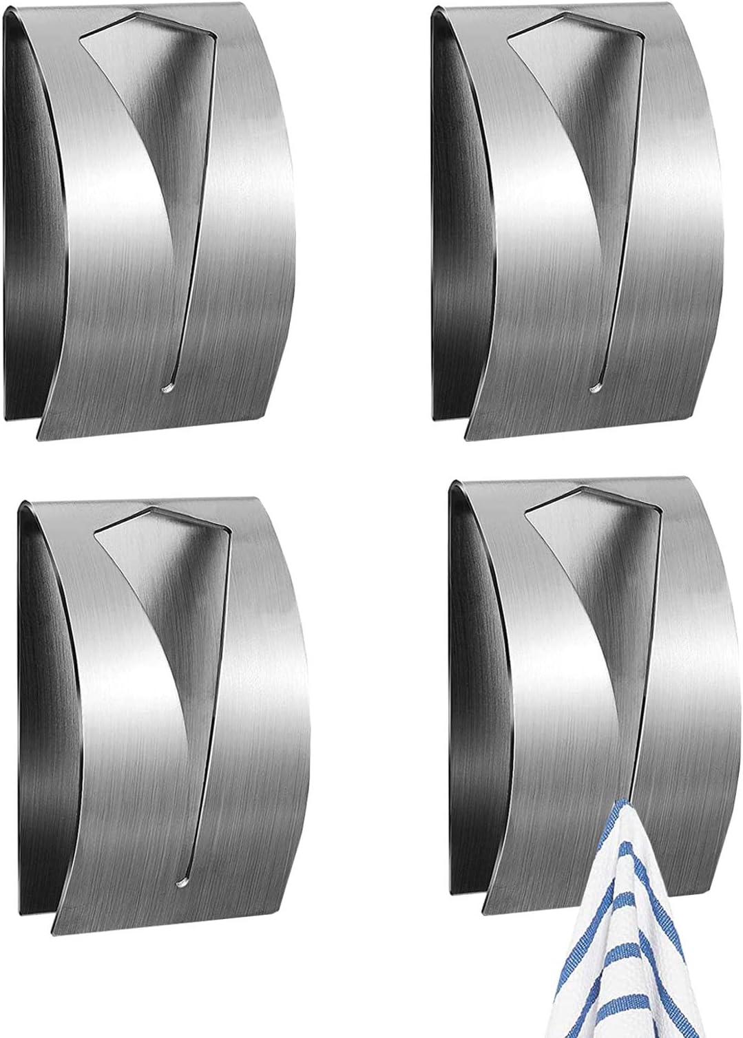 4 Pcs Self Adhesive Tea Towel Holder - Stainless Steel Stick on Hooks, Push and Grip Wall Hooks for Kitchen and Bathroom Hand Dish Hanger (Silver)