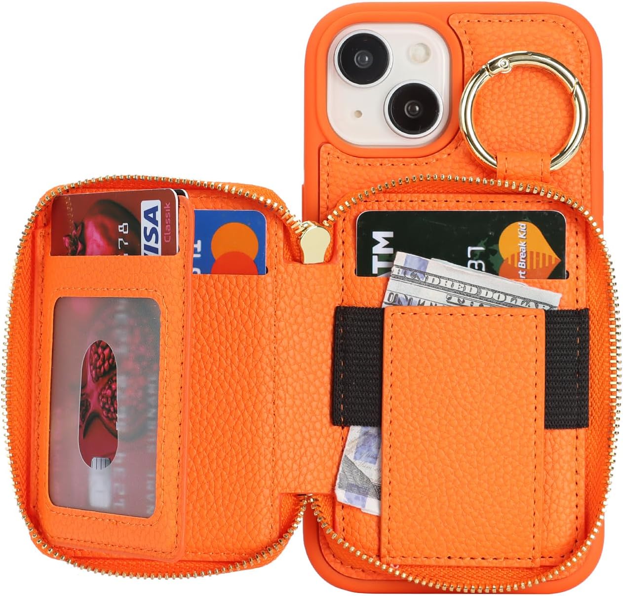 Compatible with iPhone 15 Wallet Case with Card Holder,for iPhone 15 Phone case Wallet with Zipper with Slot Kickstand Stand Case for Women 5G 6.1 Inch-Orange