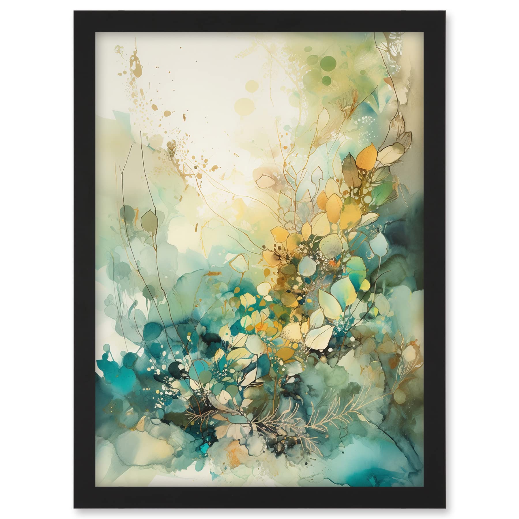 Artery8 Wild Plant Flora in Teal Blue and Orange Modern Watercolour Painting Artwork Framed A3 Wall Art Print