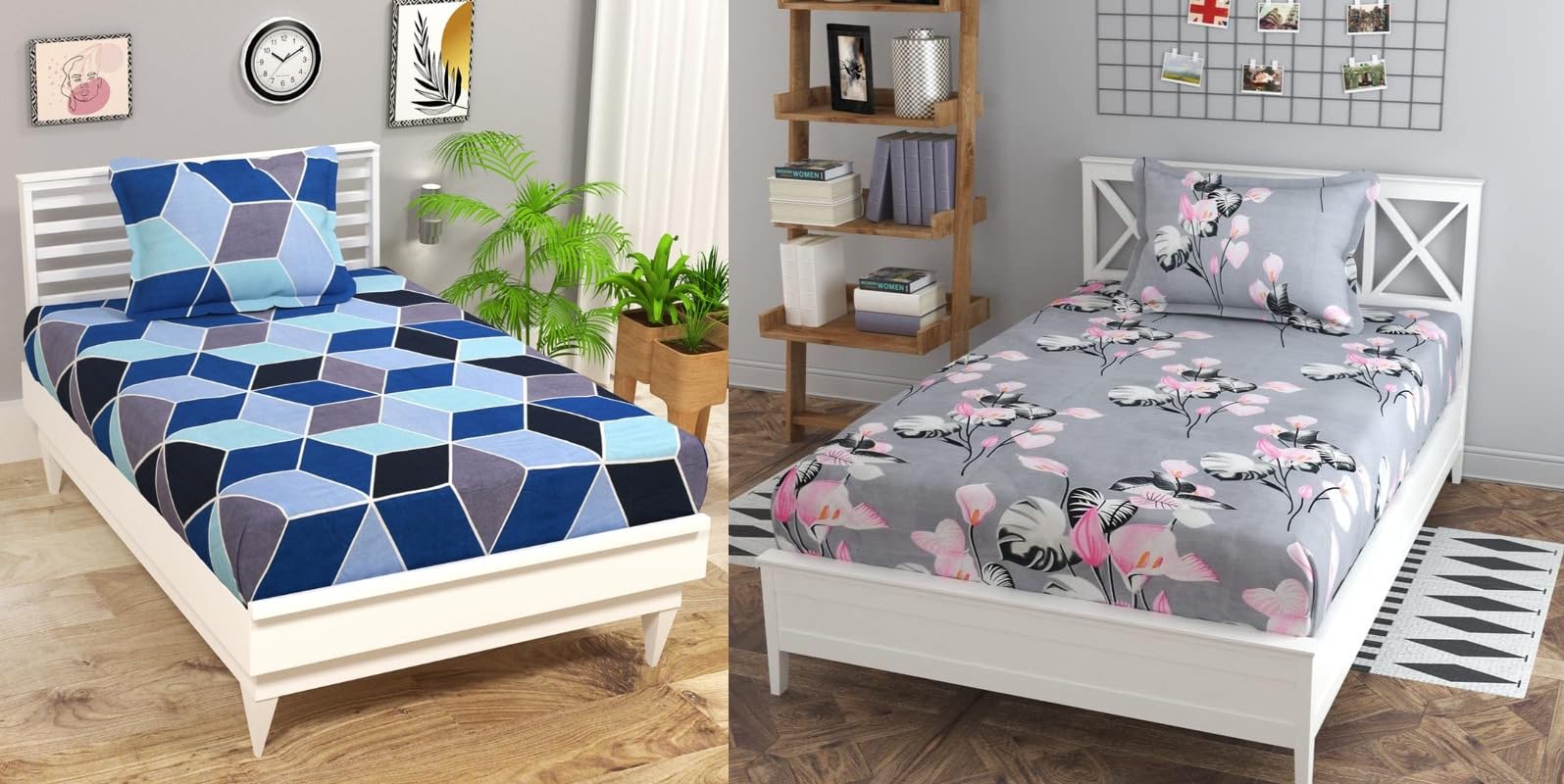 la' amour Pure Cotton 220tc Flat Single Bedsheets Combo Pack of 2 Bed Sheet for Breathable | Wrinklefree Super Soft (Size-60 X 90 Inch) with 2 Pillow Covers (Size-17 X 27 Inches,Pink Grey and Blue)-image-46