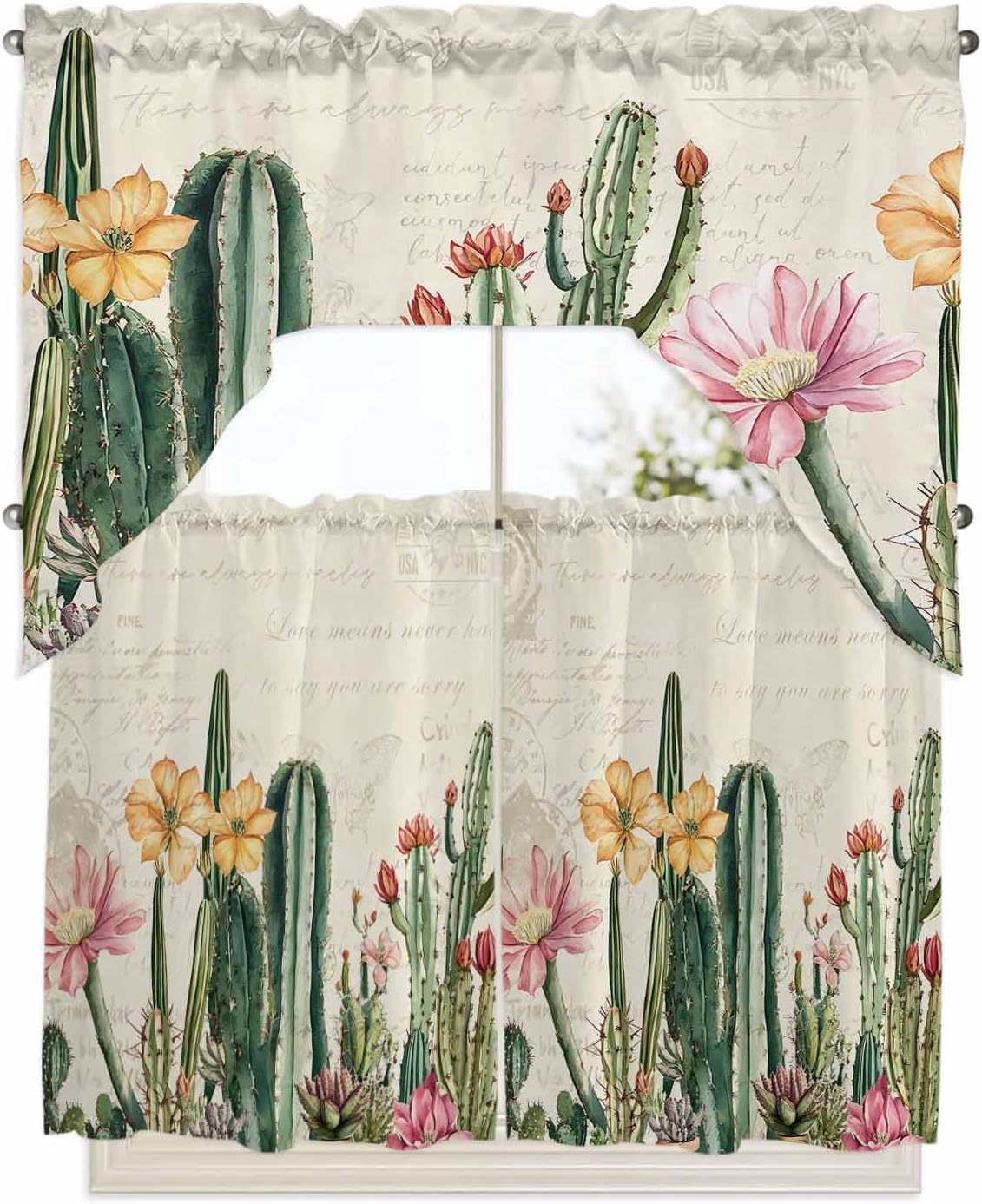 Vintage Green Cactus Kitchen Curtains Sets for Windows 3 Piece, Spring Floral Watercolor Botanical Kitchen Curtains and Valances Tier Set 36 Inch Length Swag Curtain for Living Room Cafe Bathroom