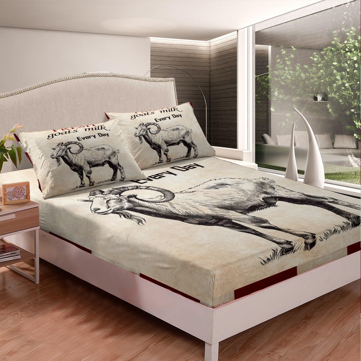 Farm Animal Bed Sheets Set Queen, Goats Milk Sheet Set for Toddler Newborn Kids Happy Thanksgiving Sheets Hand Drawn Black Sketches Cartoon Goat Bedding Set, Fitted Sheet Top Sheet 2 Pillowcases