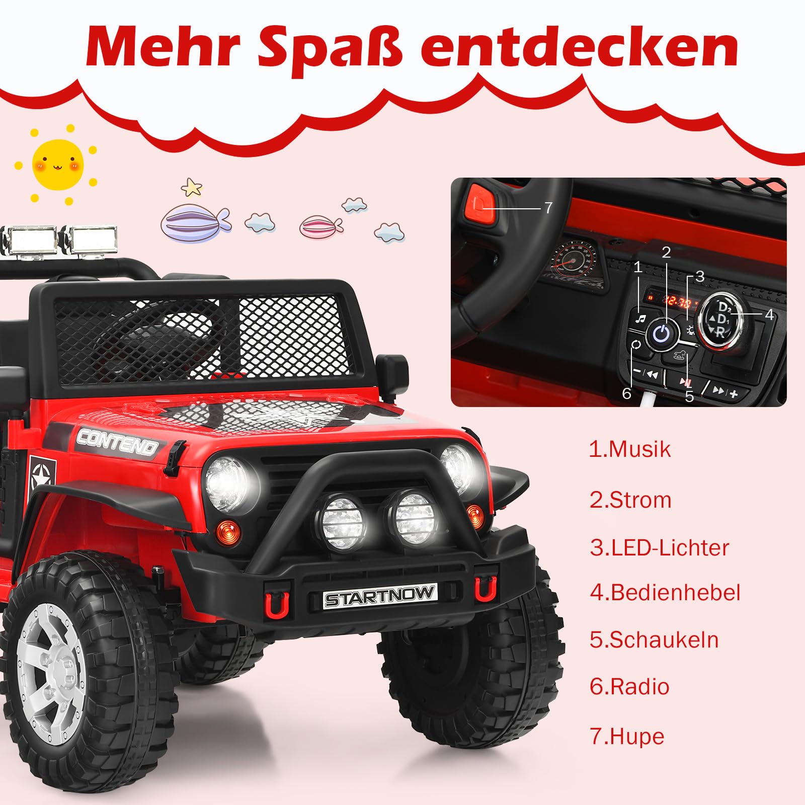 COSTWAY Elektryczny samochód dla dzieci, 12 V, elektryczny samochód dziecięcy z muzyką, klaksonem, USB, MP3 i radiem, 3 prędkości, w zestawie pilot zdalnego sterowania, elektryczny samochód dla dzieci
