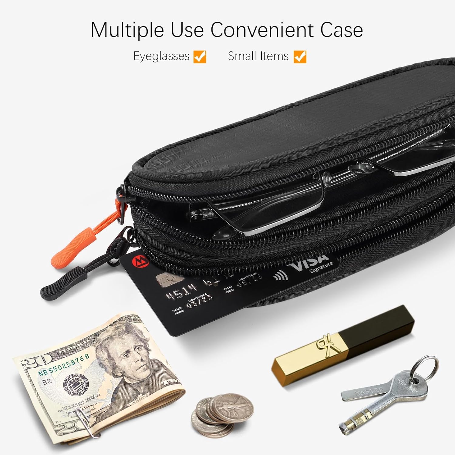 Double Eyeglasses Case Soft Portable Zipper Sunglasses Pouch with Keychain Clip for Men Women - Image 5