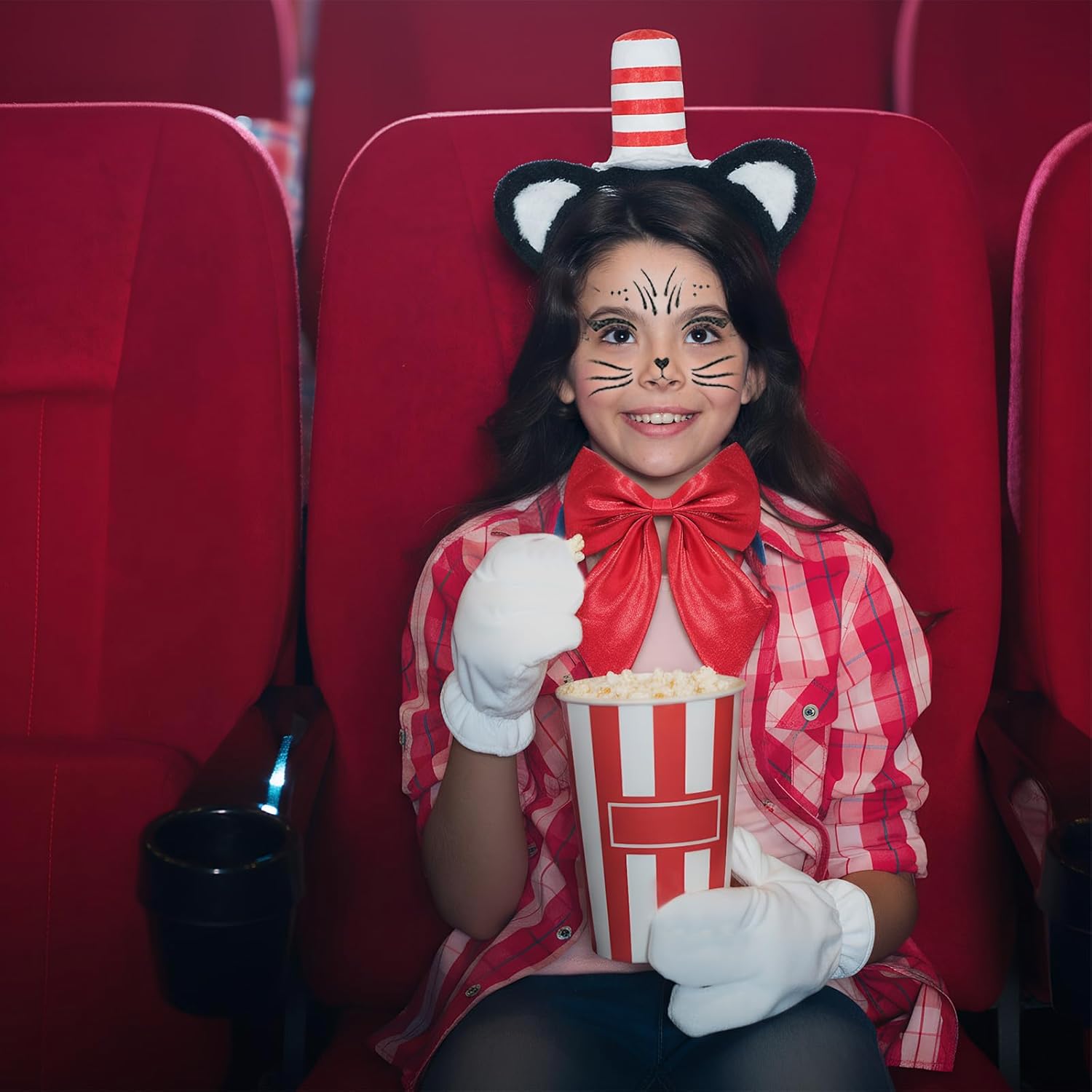 4pcs Cat Ears Headband Bow Tie Set-Bow Tie White Gloves Cat Face Stickers Red and White Headbands with Bow Tie, Cat Hat Costume Set for Book Character Day - Image 5