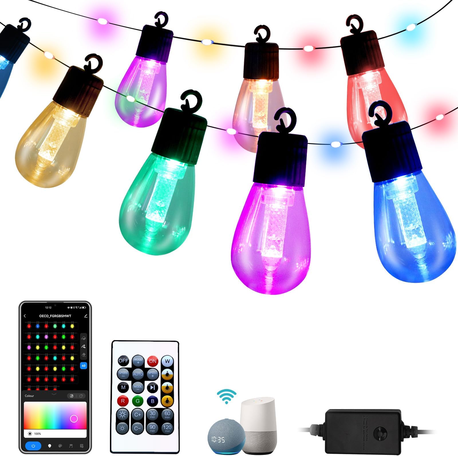 Smart Outdoor String Lights with Remote, 50FT RGB Color Changing Patio Lights Music Sync Compatible with Alexa for Party Backyard Holiday Home Decor