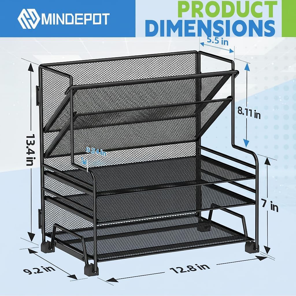 MINDEPOT 4-Tier Paper Organizer + 3-Pocket File Holder, Desktop File Organizers Paper Tray for Office School Classroom Workspace Organization (Black Desk Organizer, No Drawer & No Pen Holder)