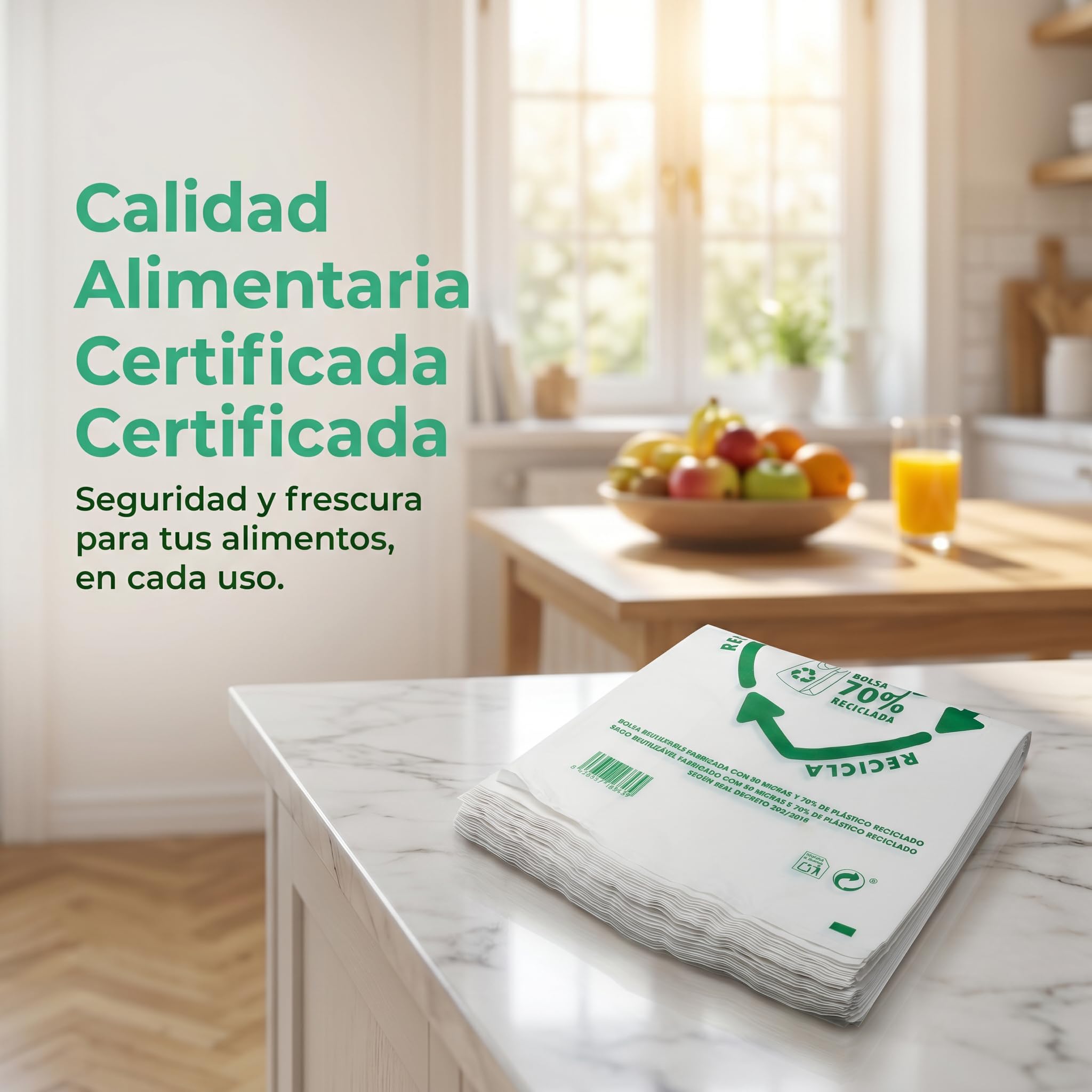 Bolsas de Plástico Asa Camiseta Blanco 50x60 cm 100 Unidades Reutilizables Resistentes 50 Micras 70% Reciclado Aptas Alimentación