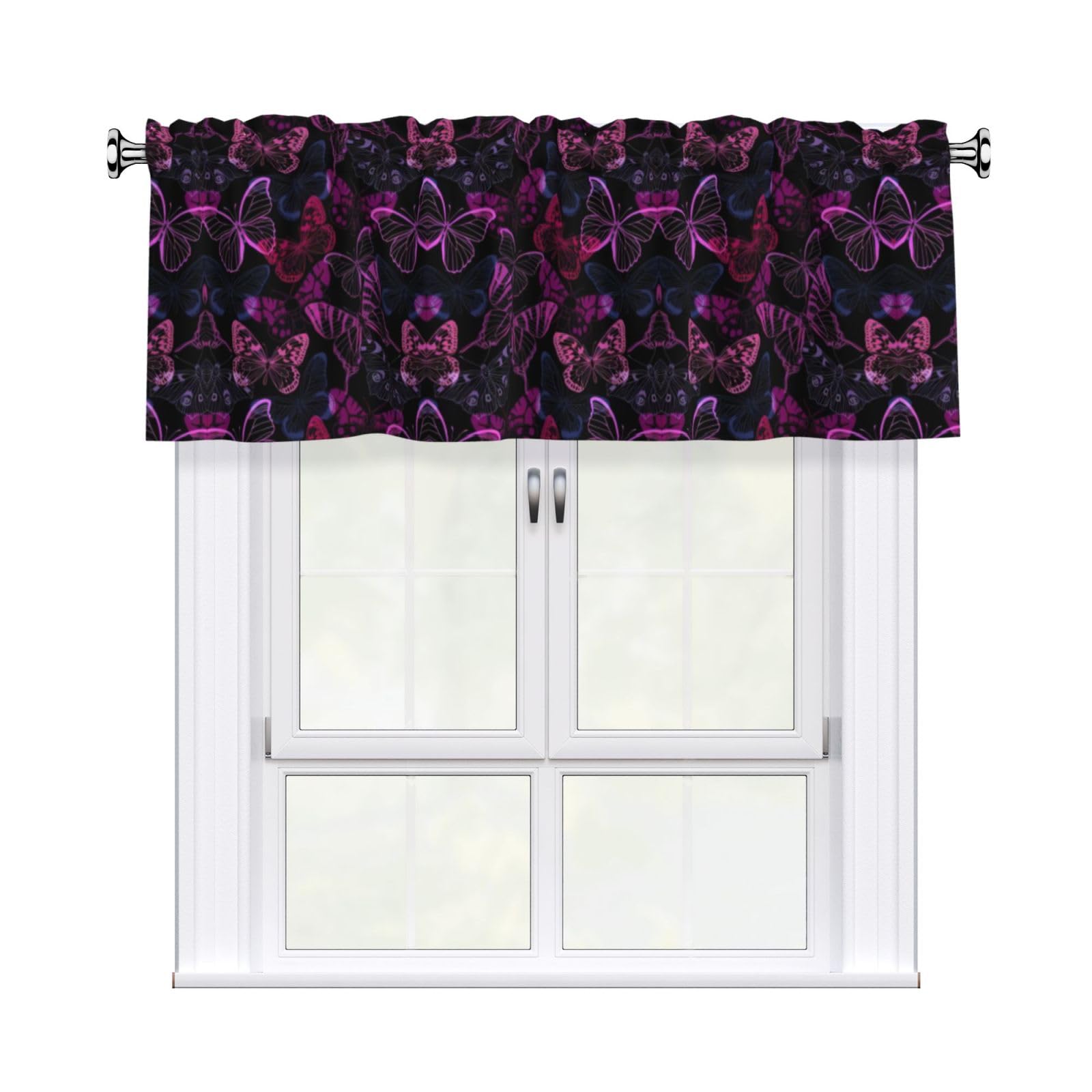WHJSHOP Pink Butterfly Prints Curtain Valance 54x18in - Peach Skin Kitchen Window Layer, Filtered Light & Quick-Install Rod Pocket Cover