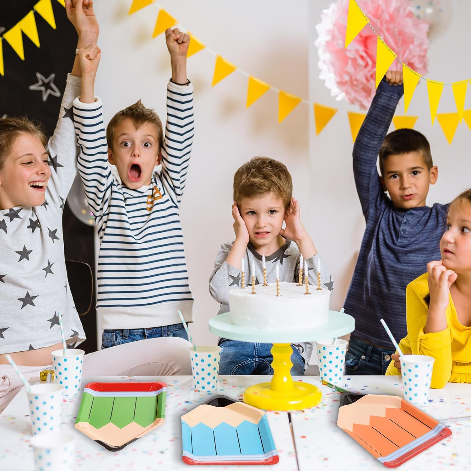 50Pcs Pencil Paper Plates Disposable Pencil Shaped Plates Dinner Dessert Plates for Preschool Kindergarten 100th Day of School Party Supplies Table Decor (Colored, 50) image 4