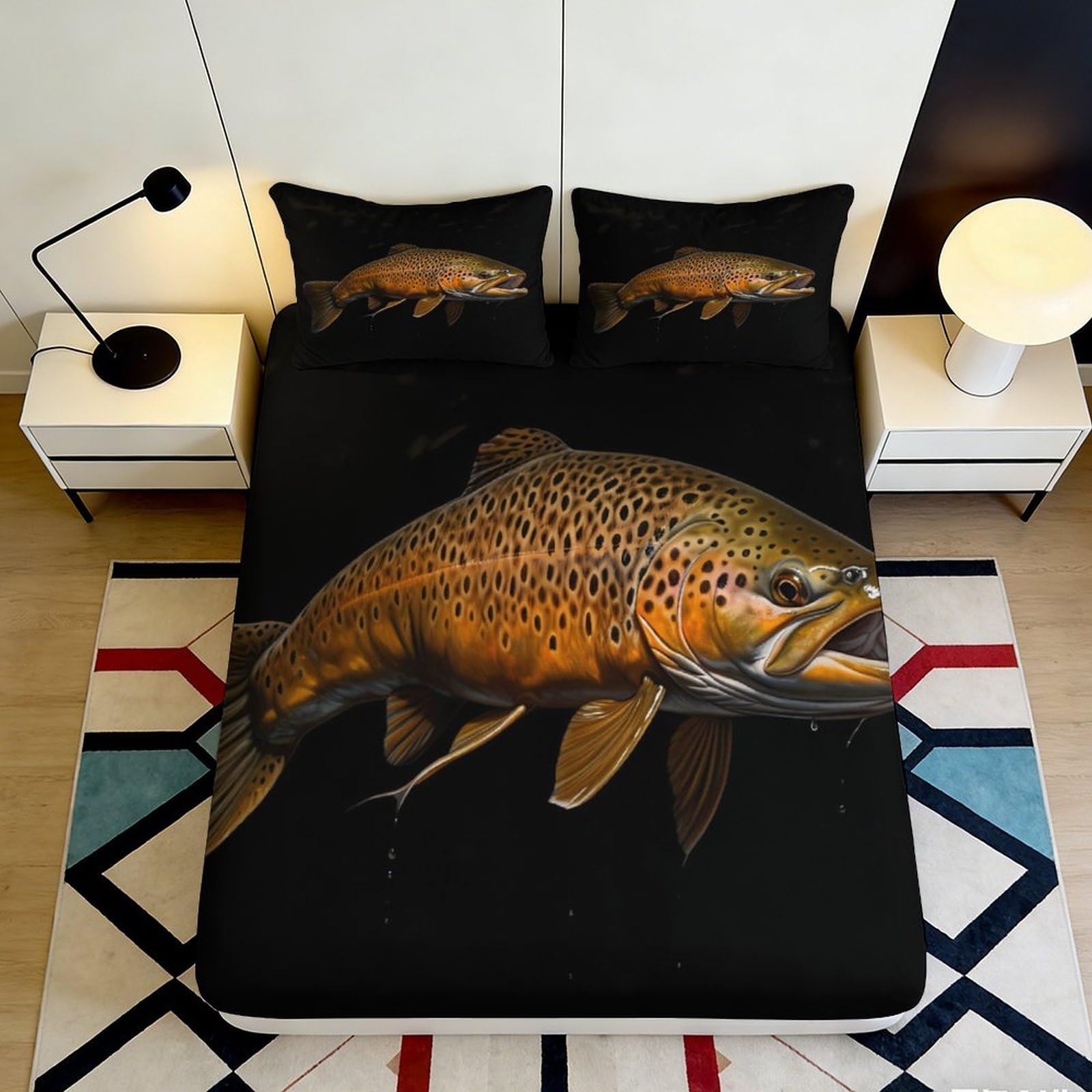 3D Printed Brown Trout Fitted Sheet Microfiber Soft Breathable Fish Pattern Mattress Cover for Bedroom Dorm Decor 90x200x25cm