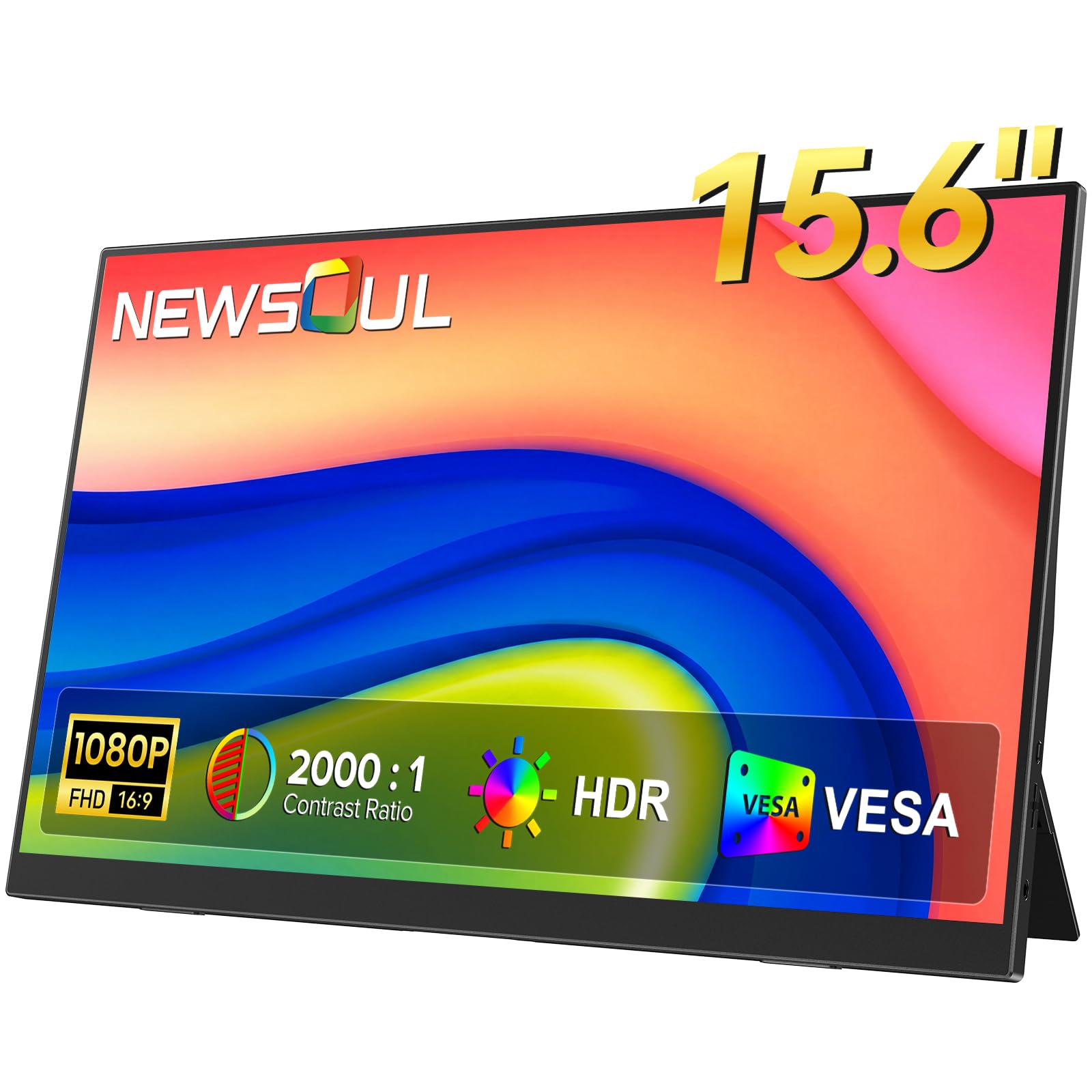 Newsoul Monitor Portatile 15,6 Pollici,1920×1080P FHD IPS 2000:1 Schermo Portatile con USB-C e HDMI, Schermo Esterno Ultrasottile Eye Care per PC/Mac/PS5/4/Xbox/Switch,Supporta VESA