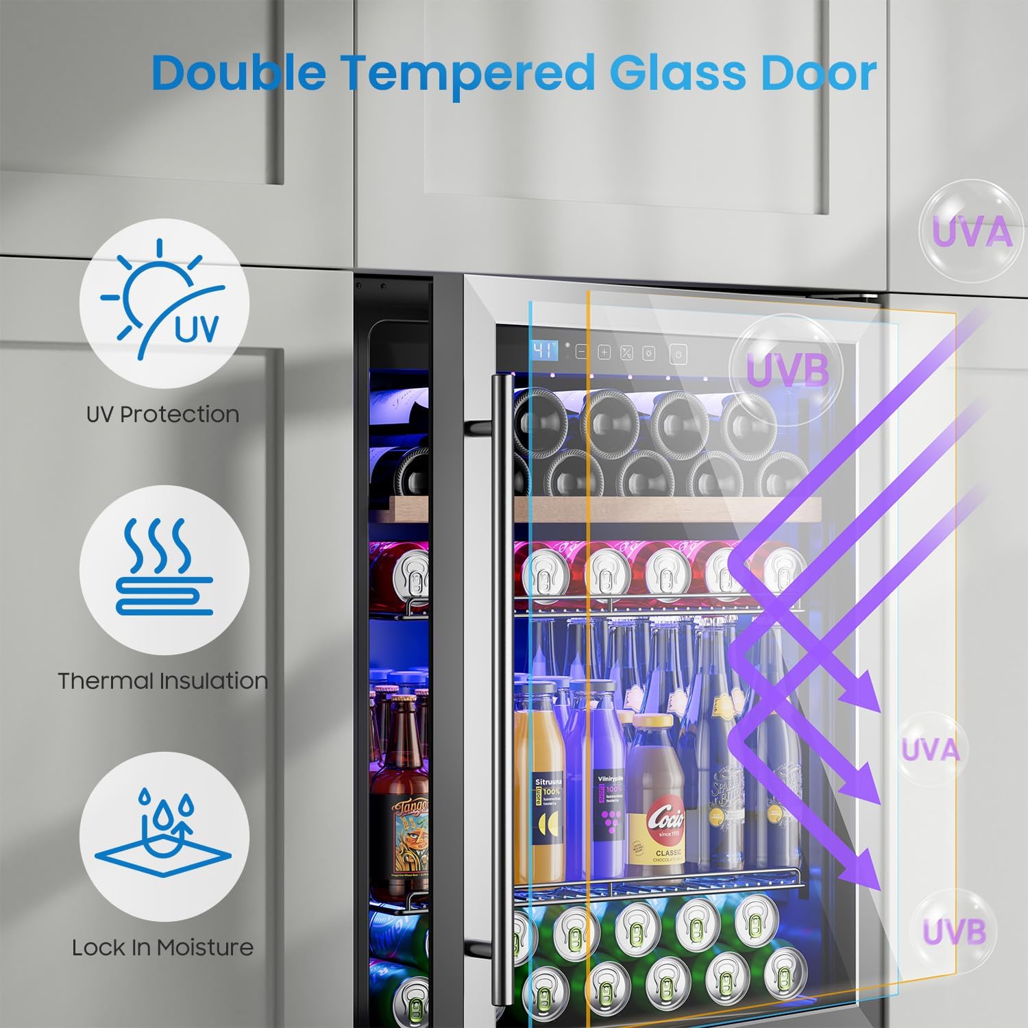 24 Inch Beverage Refrigerator, Wine and Beverage Refrigerator with Glass Door, 37-64°F Cooling Under Counter Refrigerator, Wine Fridge 15 Bottles & 118 Cans Capacity for Home Bar Kitchen