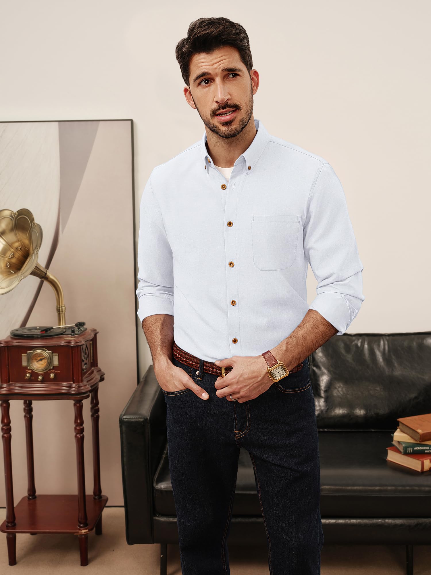 PJ PAUL JONES Camicia da uomo a maniche lunghe, Oxford, con bottoni, non necessita di stiratura, casual, con tasca, abbigliamento estivo, camicia da lavoro