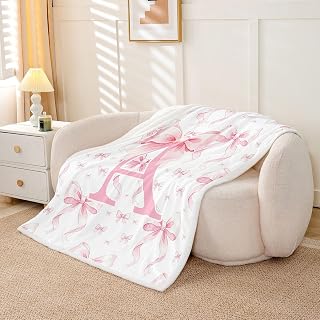 Feelyou Bow Fleece Throw Blanket Bowknot Sherpa Blanket for Kids Women Men Plush Fuzzy Pink Bow Twin 60"x80" Kawaii for Bed Couch Chair Living Room Personalized Initial A Bedroom Decor