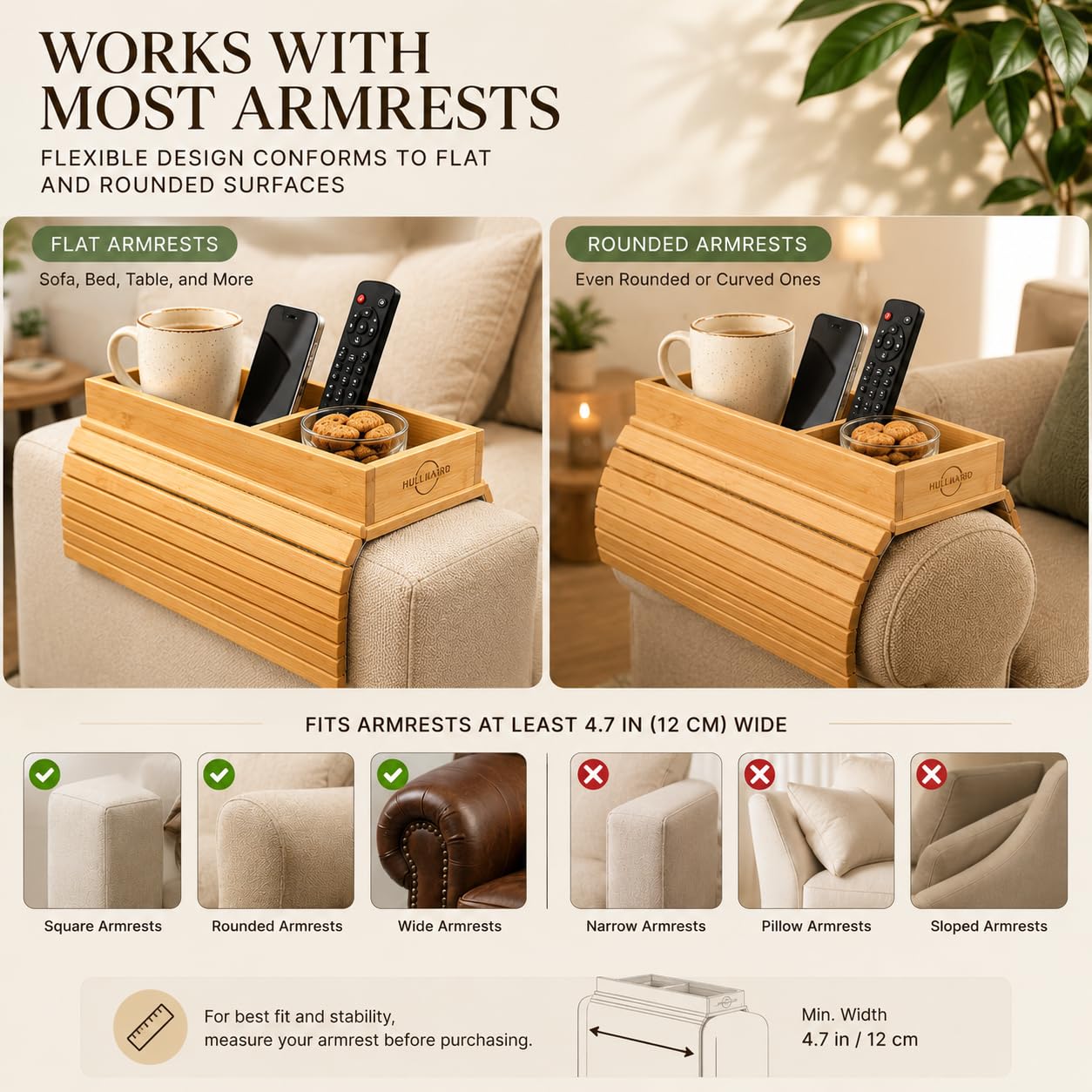 Bandeja de bambú para reposabrazos de sofá, bandeja plegable con portavasos desmontable, mesa antideslizante 2 en 1 para bebidas, teléfono, control remoto de TV, aperitivos