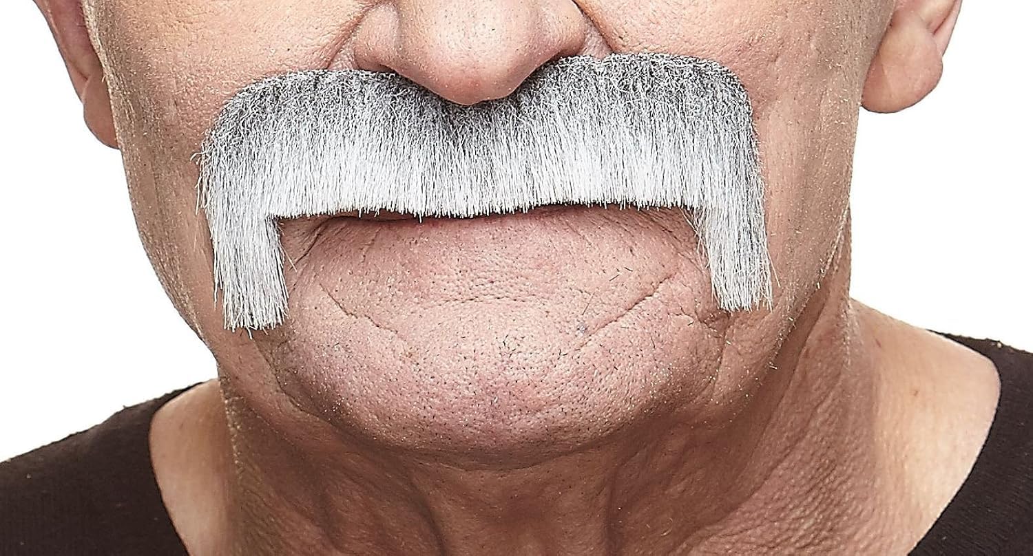Mustaches Self Adhesive Fake Mustache, Novelty, Wide Latin False Facial Hair, Costume Accessory for Adults, Gray with White Color — image 1