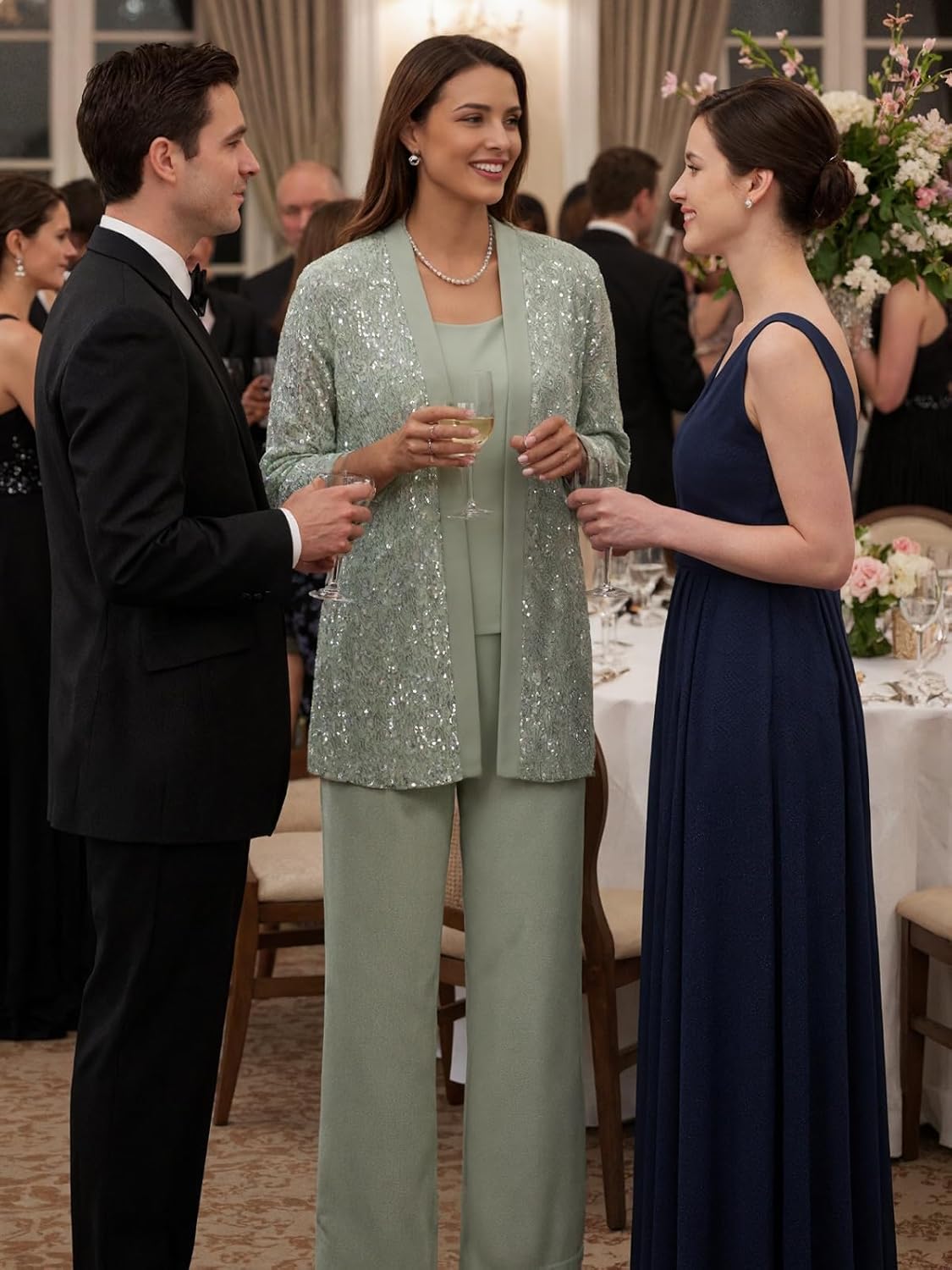 Women’s 3 Piece Mother of The Bride Pant Suits for Wedding - Lace Chiffon 3/4 Sleeve Pantsuits for Women Dressy - Image 4