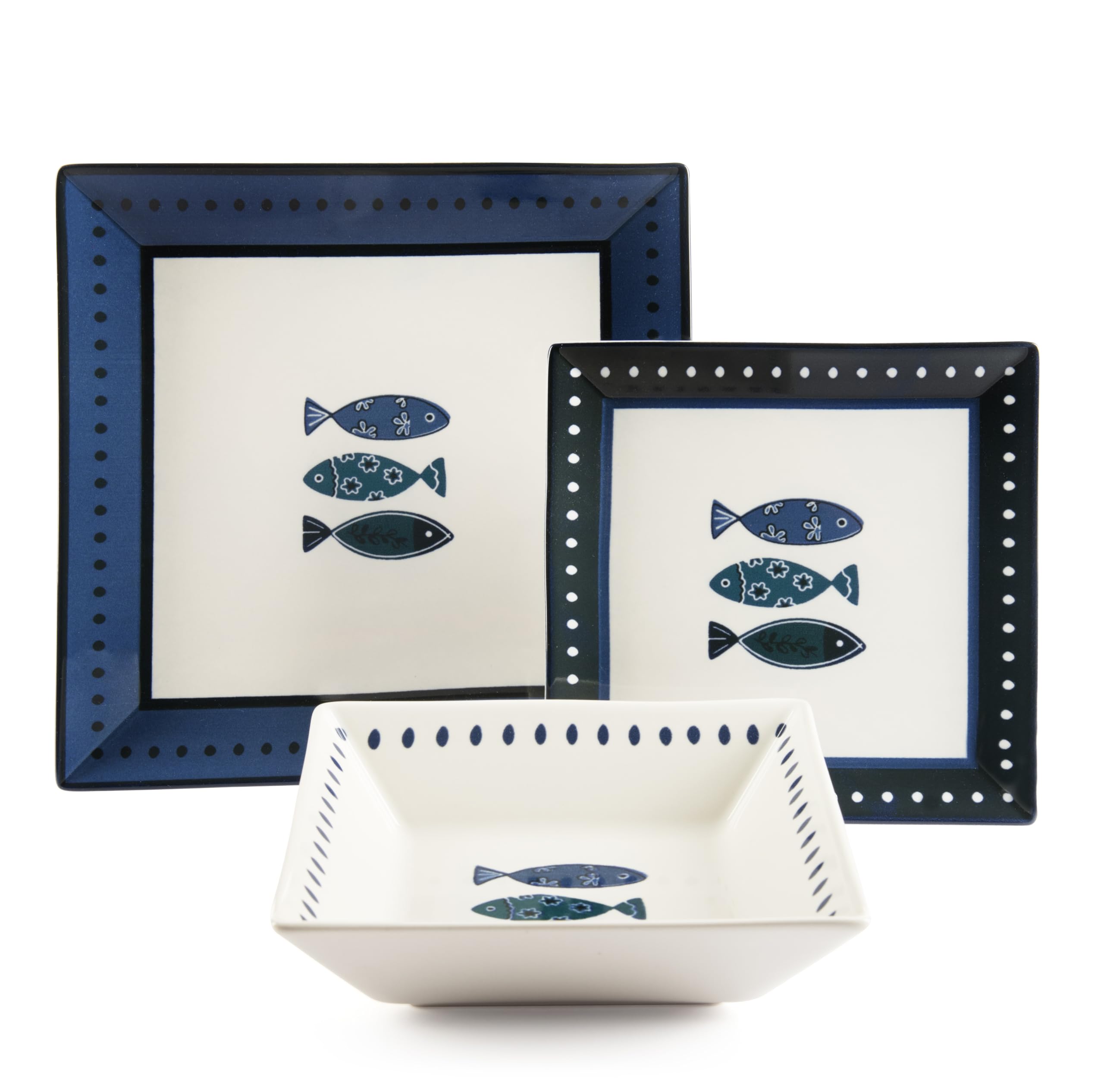 Excelsa Ocean 18 sztuk kwadratowych naczyń ceramicznych, niebieski wzór ryby