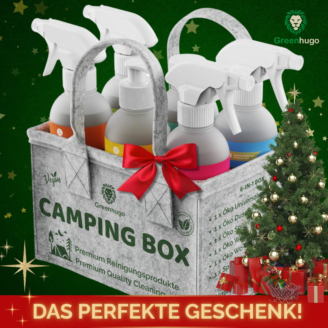 Camping Box – Juego de limpieza premium, 8 piezas, ecológico y vegano, uso general, detergente, limpiador de baño y aseo, detergente, limpiador de barbacoa, idea de regalo para campistas y