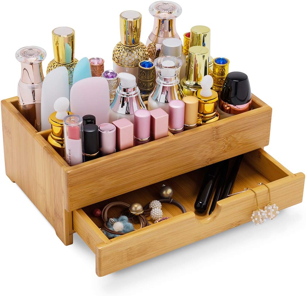 GOBAM Makeup Storage Drawer Organizer Bamboo Wood Cosmetic Display Box, Large Capacity Bathroom Beauty Countertop Organizer, Great for Bathroom Dresser GOBAM Makeup Storage Drawer Organizer Bamboo Wood Cosmetic Display Box, Large Capacity Bathroom Beauty Countertop Organizer, Great for Bathroom Dresser