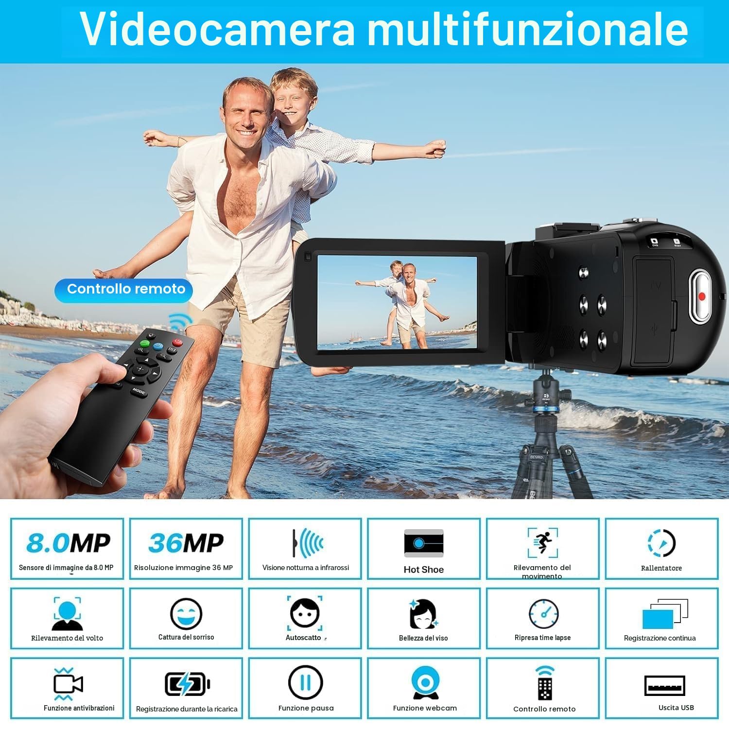 IXNAIQY Videocamera Digitale 1080P Camcorder FHD 30FPS 36MP Vlogging Camera per Youtube IR Visione Notturna, 16X Zoom Digitale, 3.0" IPS Schermo Video Camera con Telecomando 2 Batterie