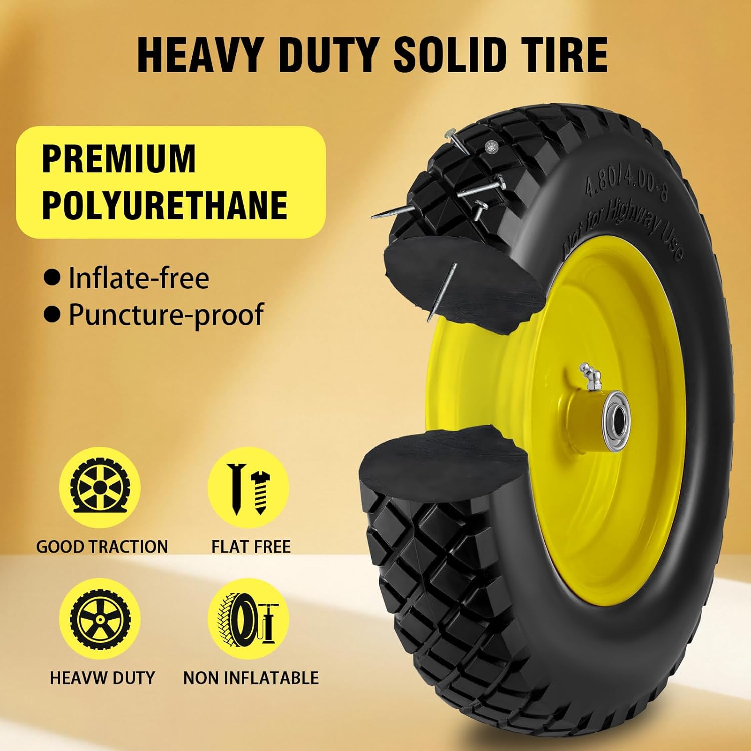 4.80/4.00-8" Tire and Wheel Flat Free 16", Solid Wheelbarrow Tire with 5/8" & 3/4" Bearings 3" Centered Hub, 14"-16" Universal Fit Wheelbarrow Tires for Hand Truck/Garden Trailer/Trolley/Wagon (2)