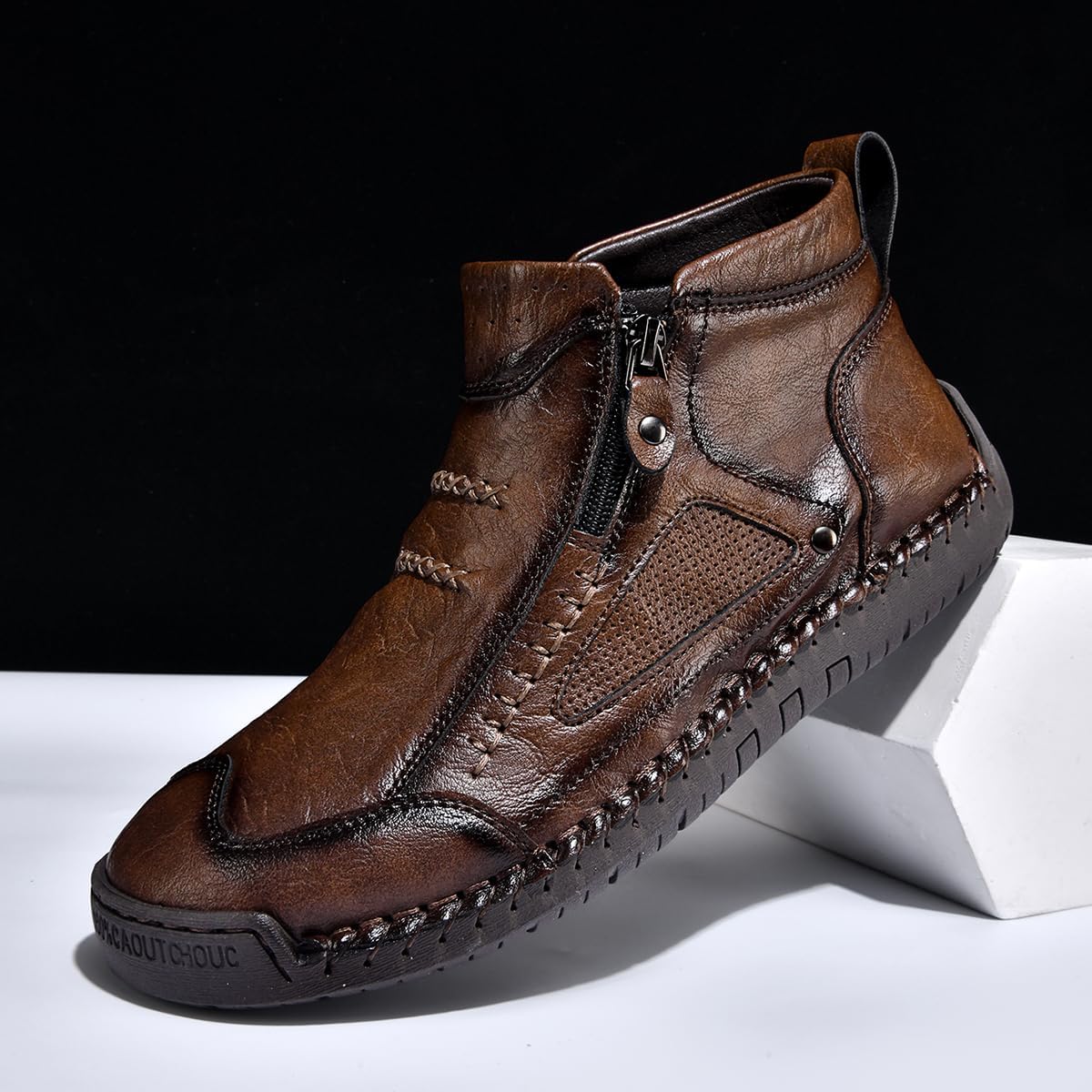 Men's High Top Loafers Shoes Fashion Handmade Side Zipper Slip On Orthopedic Leather Boots Casual Round Toe Anti-Slip Outdoor Hiking Walking Dress Chelsea Ankle Boots