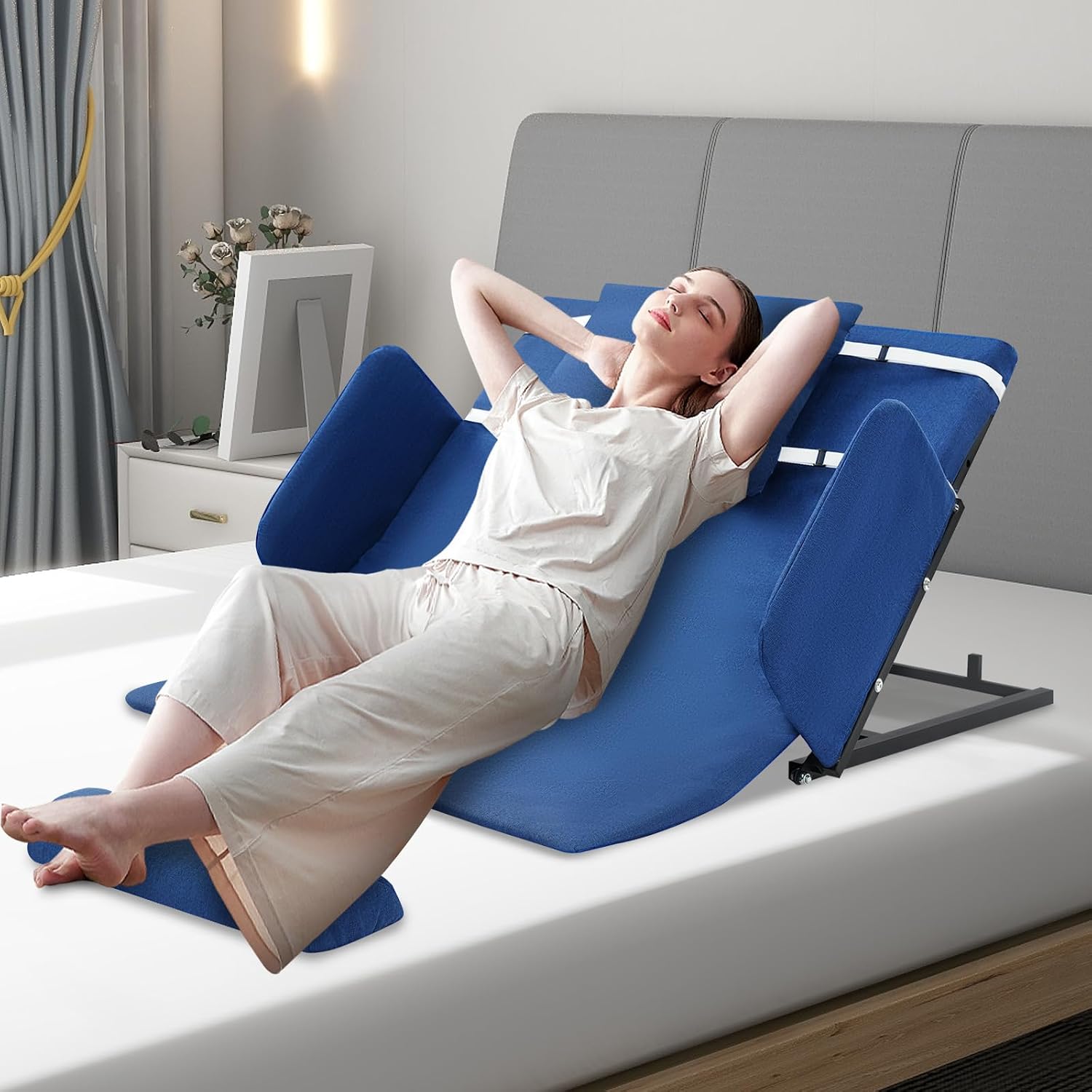 Electric Lifting Backrest, Remote Control Back Rest Lifter for Bed, 220lbs Capacity, 10-80° Adjustable Power Bed Wedge Mattress with Handrails, Assist Elderly to Get Out of Bed Easily (Blue)