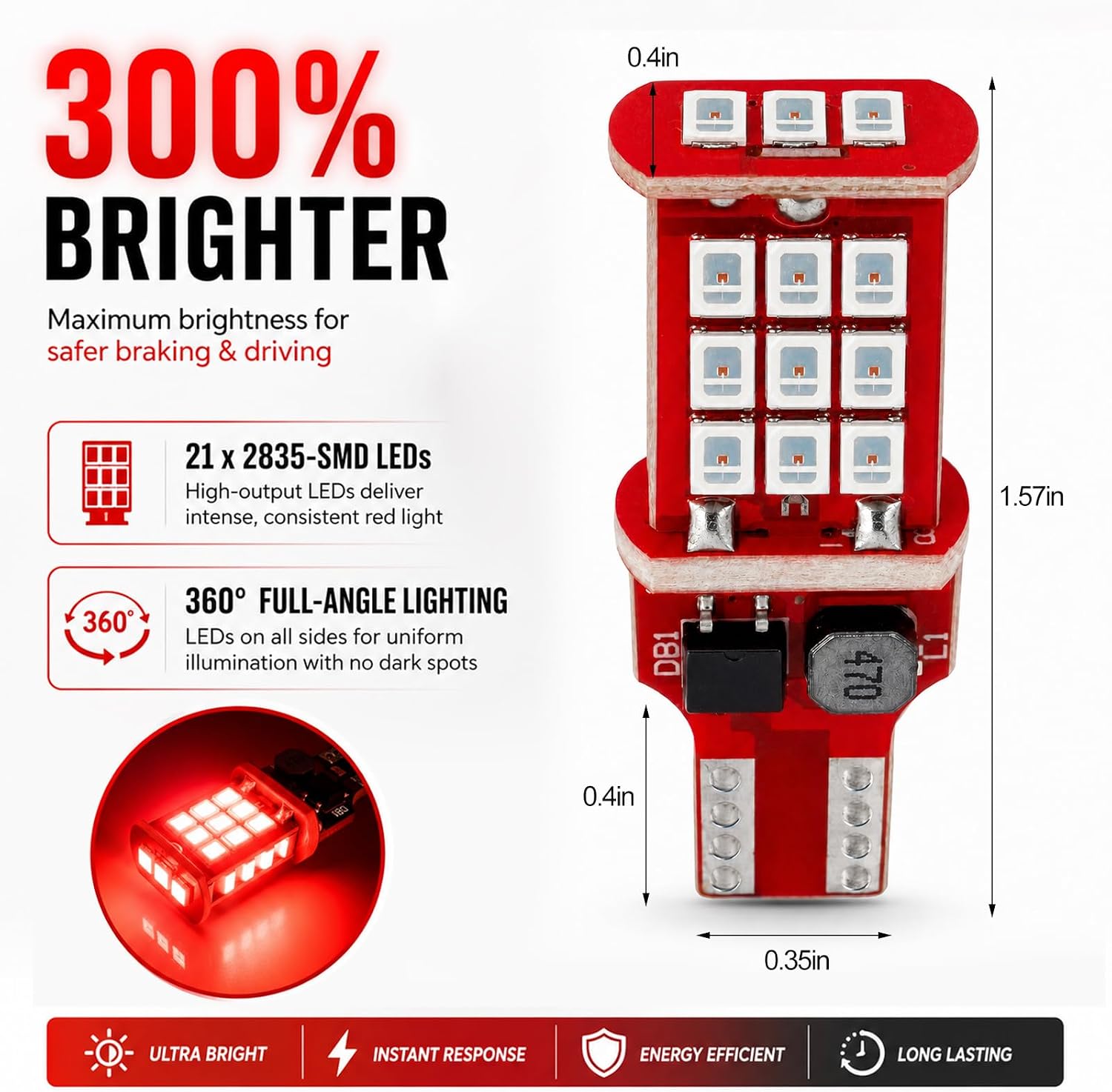 2 PCS 912 921 Car LED Bulb, 906 904 W16W High Brightness Car Third Brake Tail Lights Replacement, T15 Error Free Brake Center High Mount Stop Light for Most Vehicles image 2