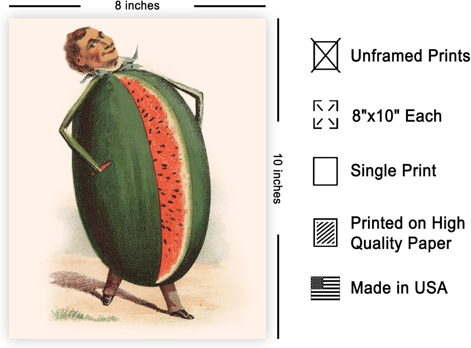 Poster Master Anthropomorphic Fruit Print - Vintage Watermelon Man Poster - Botanical Art - Surrealism Painting - Funny Farmhouse, Kitchen or Dining Room Decor - 8x10 UNFRAMED Wall Art