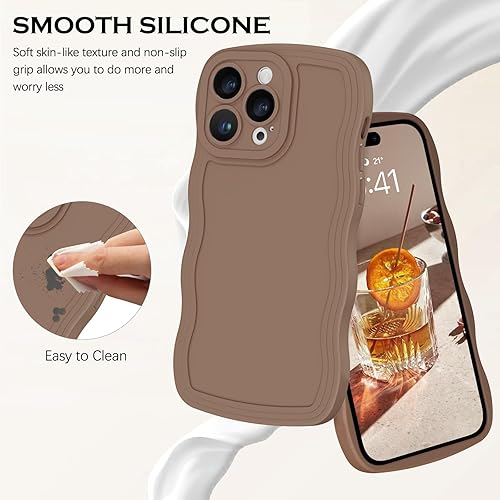 Miniatura 4 de YINLAI Funda diseñada para iPhone 15 Pro de 6.1 pulgadas, funda protectora de silicona suave color marrón, bonita forma de marco de onda rizada,