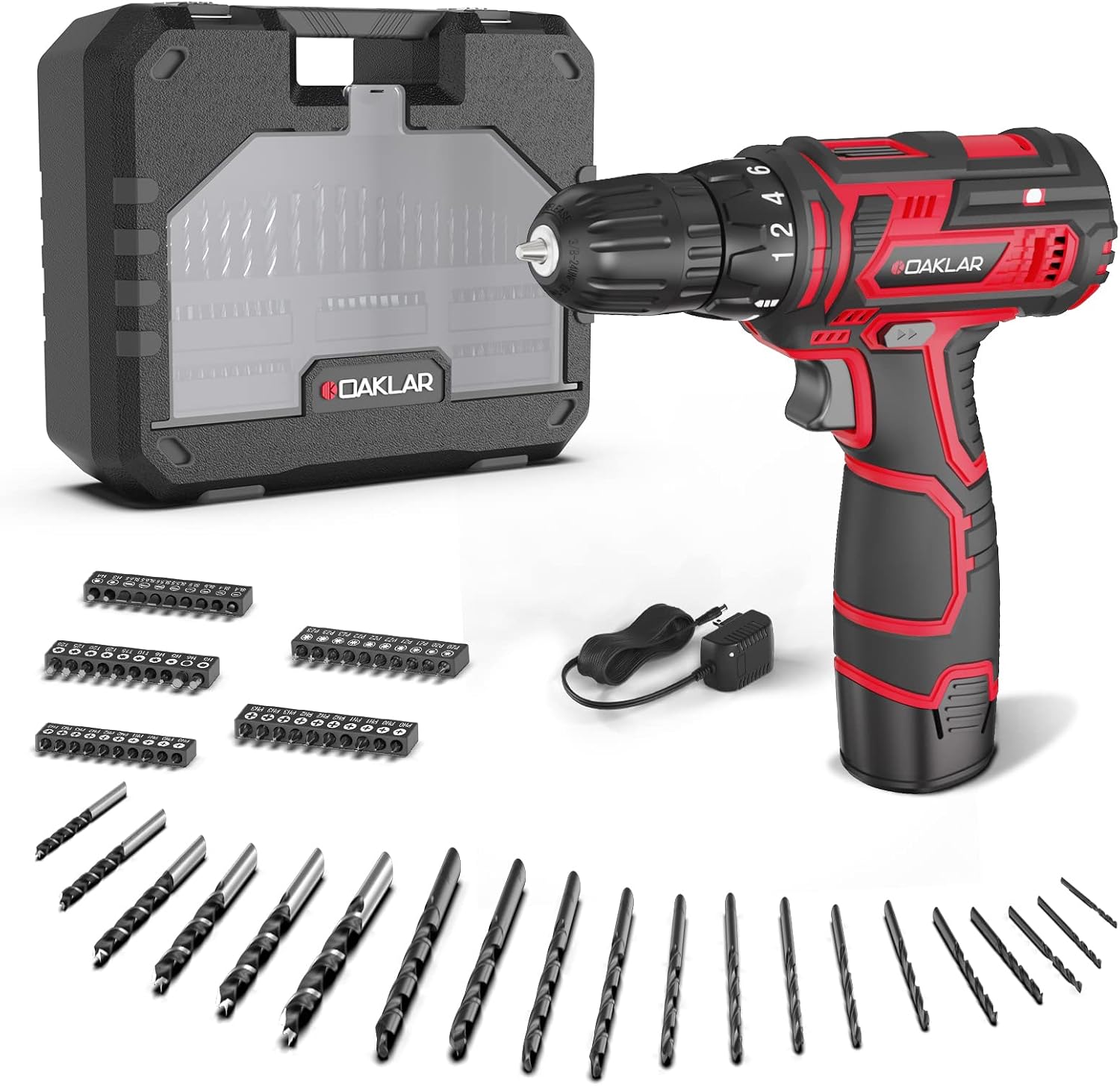 OAKLAR 12V Cordless Rechargeable Power Drill, 3/8" Lithium Electric Drill Set with 1.5Ah Battery and Charger, 71-Pieces Accessories Kit in Carrying Case - OACD12AS71