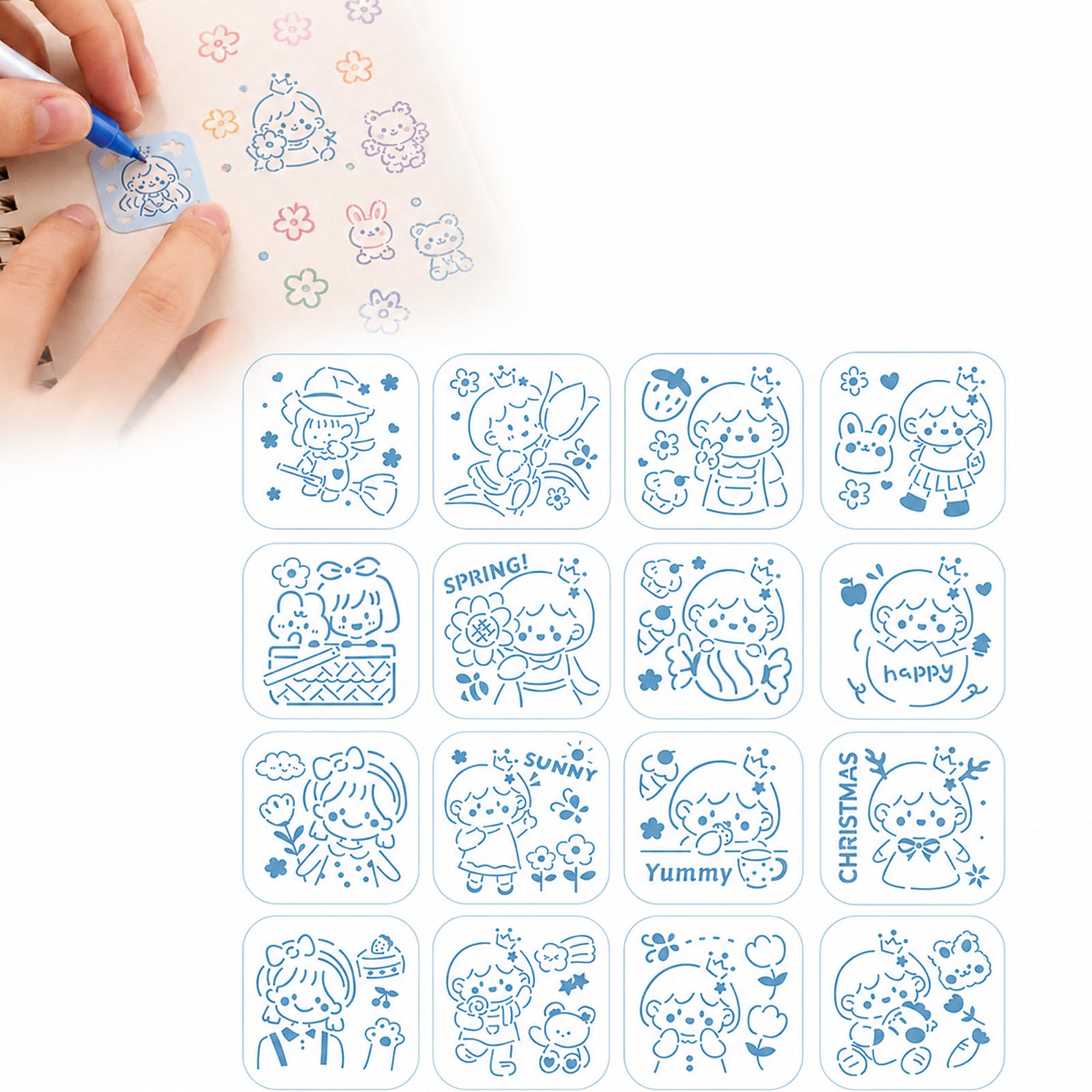 Animal Stencils, 16-Piece Cartoon Drawing and Lettering Template Set | Light Blue, Translucent Appearance, Rounded-Corner Format, Floral, Food and Seasonal Motifs, for journals, Cards and Posters