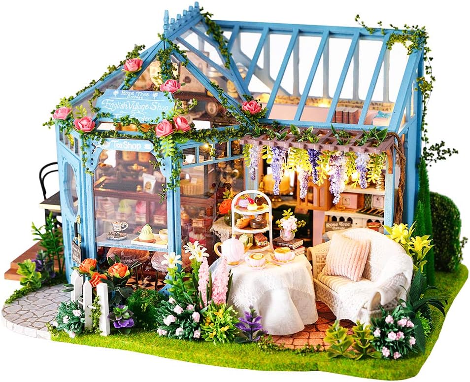 FsolisDIY Dollhouse Miniature Kit with Furniture, 4D Wooden Miniature House with Dust Cover and Music Movement, Miniature Dolls House Kit (Garden Tea House)