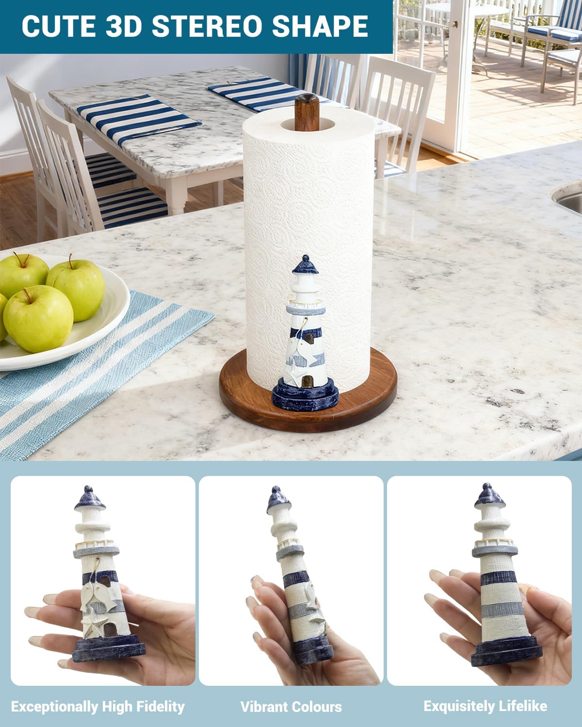 Lighthouse Paper Towel Holder, Nautical Coastal Beach Ocean Decor for Kitchen Bathroom Countertop, Freestanding Wooden Stand, Standard & Jumbo Rolls, Lighthouse Gift for Women