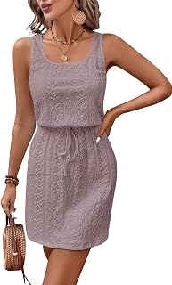 Acelitt Spring Summer Tank Dresses for Women 2025 Hollow Out Textured Drawstring Mini Dress