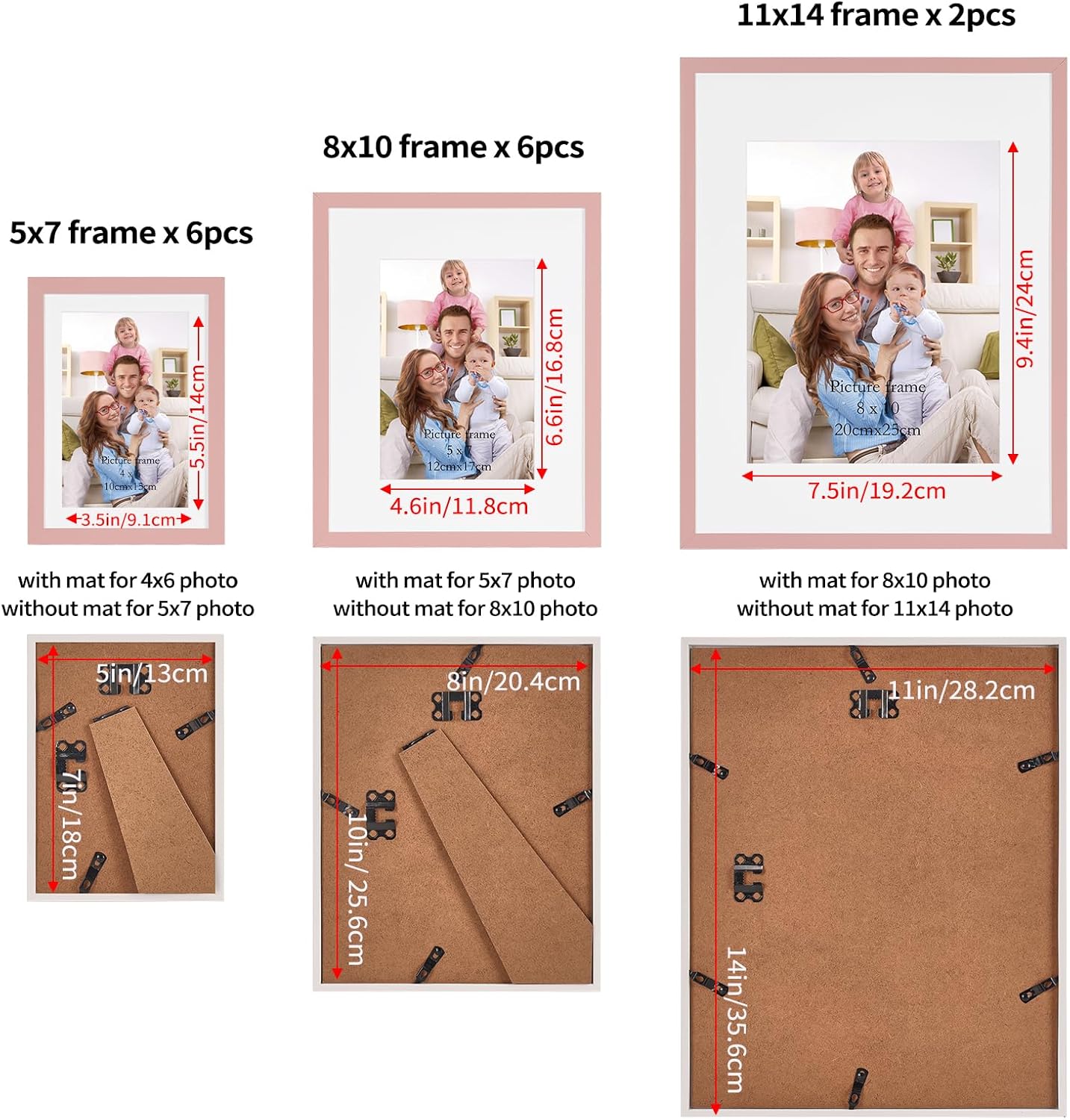 Giftgarden 14 Pack Pink Picture Frames Set with Mats, Assorted Matted Frame for Gallery Wall & Tabletop Photo Frames Collage, Multi Sizes Including 2pcs 11x14, 6pcs 8x10, 6pcs 5x7