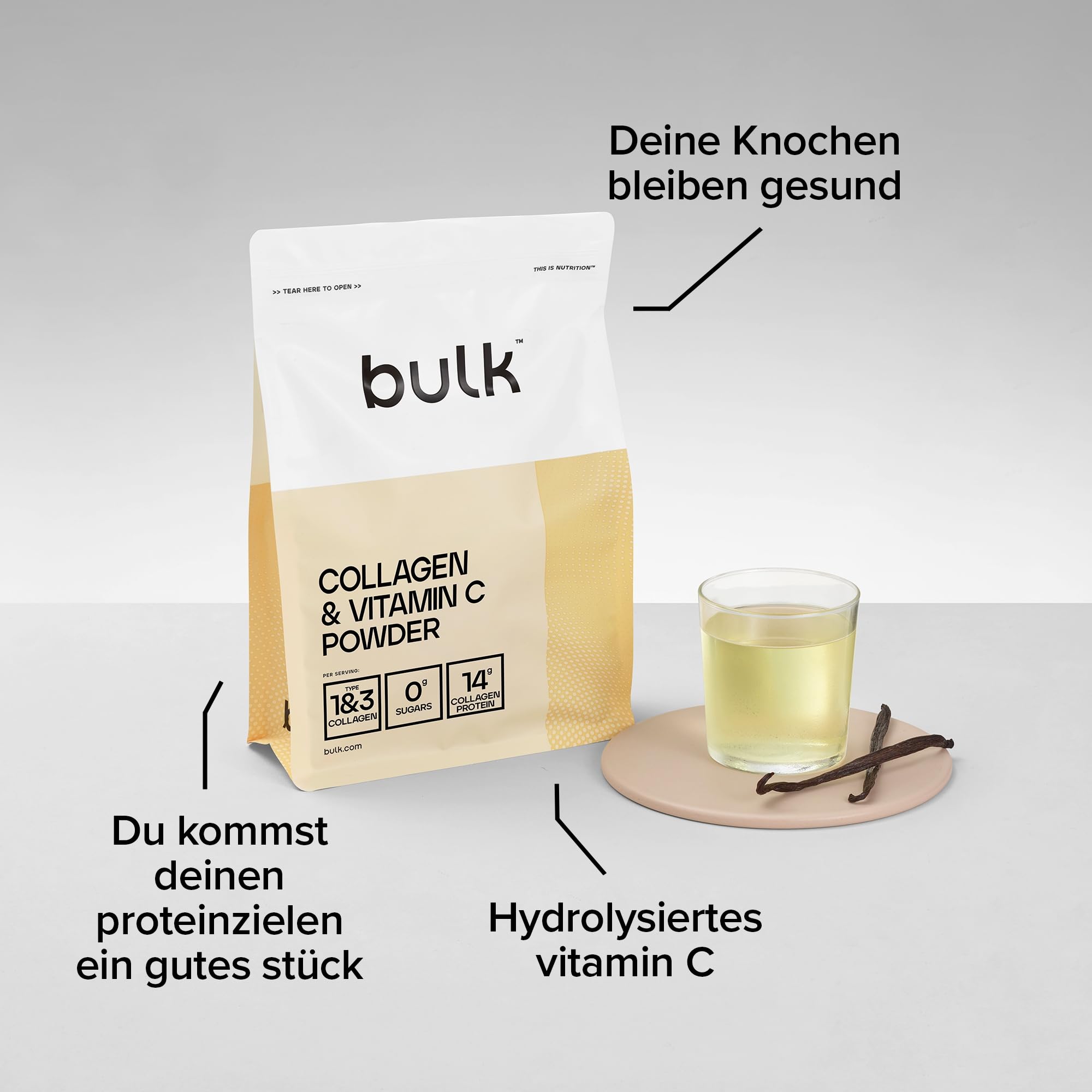 Bulk Kollagen und Vitamin C Pulver, 12.000 mg pro Portion, hydrolisierte Kollagenpeptide, Typ 1 und Typ 3, Kollagen Peptide, Geschmacksneutral, 2 kg, 132 Portionen