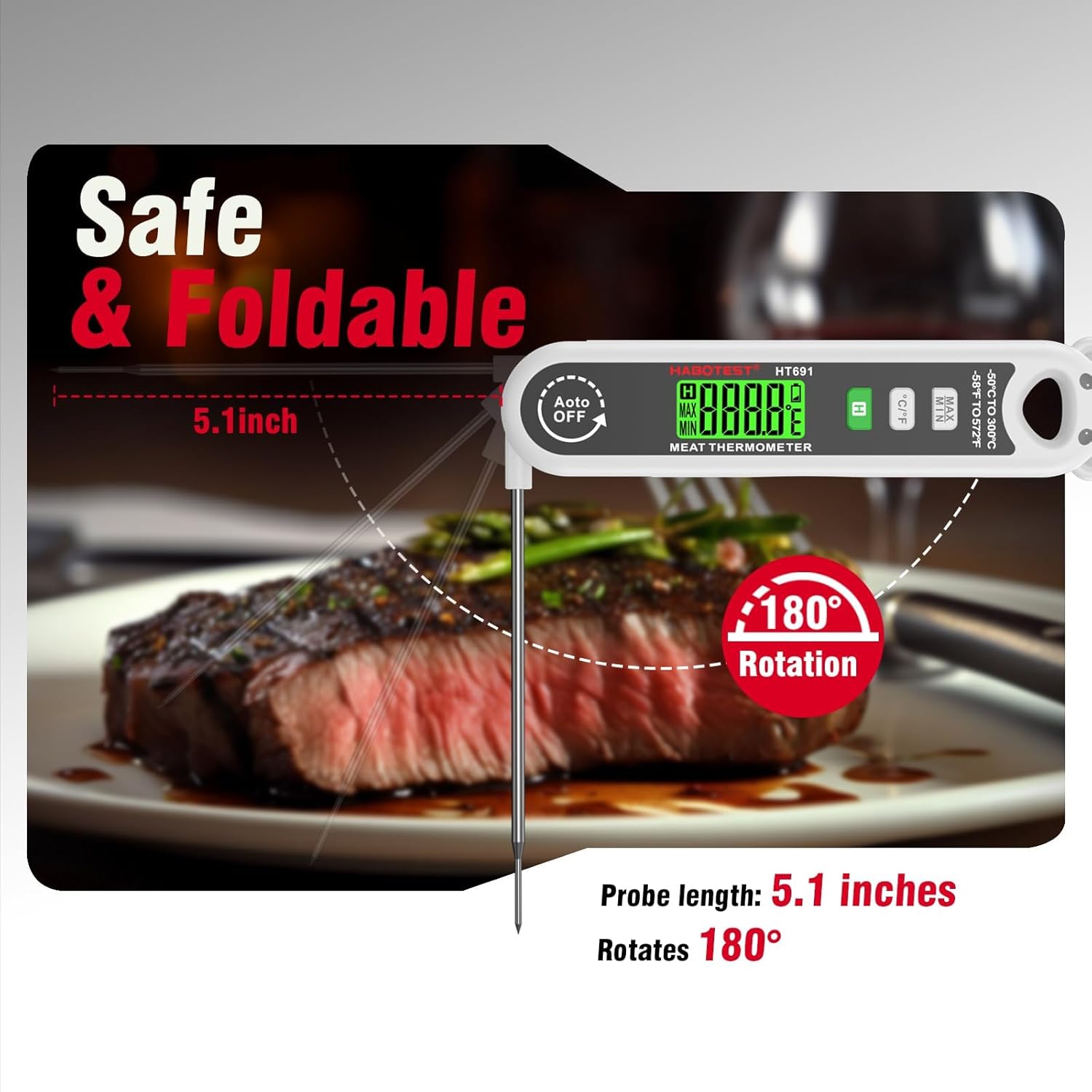 HABOTEST HT691 thermometer with its 5.1-inch probe rotated 180 degrees, demonstrating its foldable design for safety and storage.