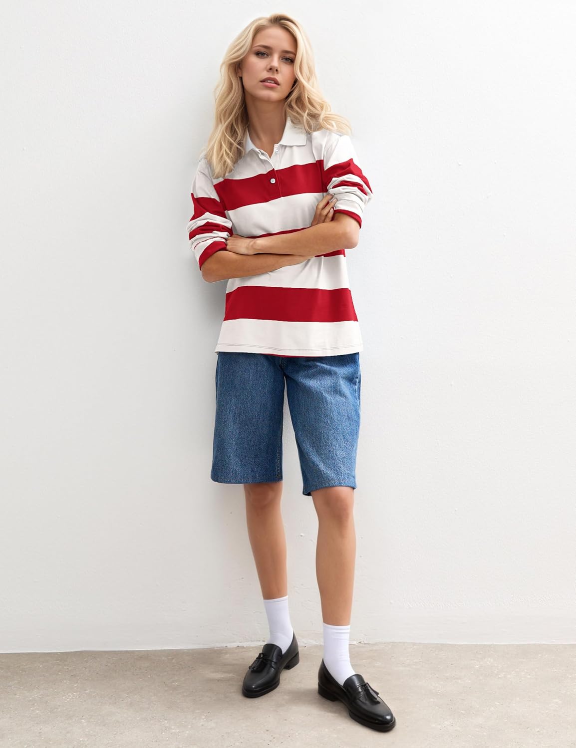 MISSACTIVER Womens Striped Polo Long Sleeve Shirts Color Block Lapel V Neck Workout Tops Fall Loose Rugby Tshirts Blouse
