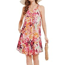 Summer Dresses with Built in Bra Padded Sleeveless Sundress with Bra V Neck Halter Flowy Short Floral Beach Dress with Pocket