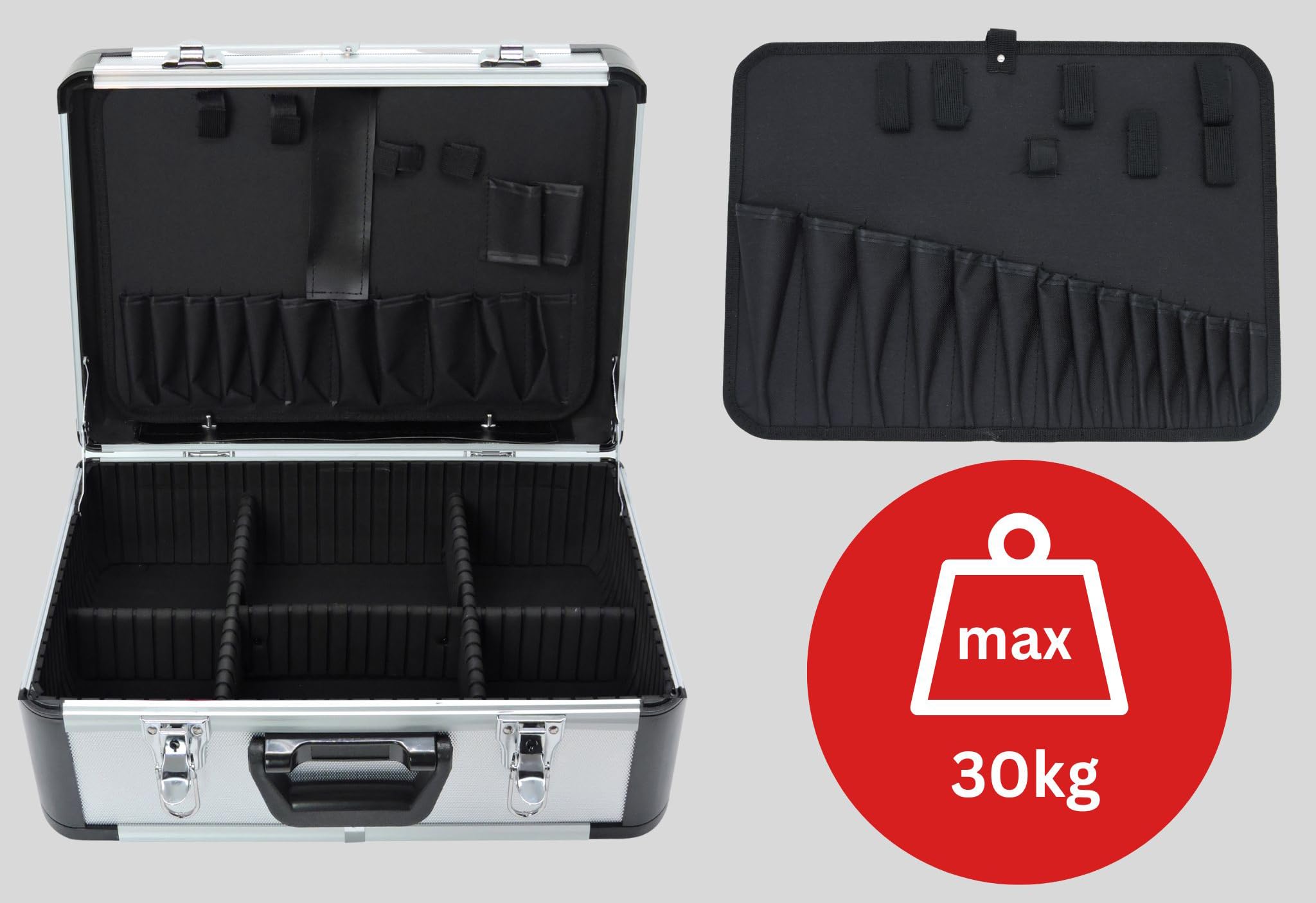 FAMEX 702-L Valigetta degli attrezzi in alluminio senza utensili con 26 tasche a incastro, capacità massima 30 kg - 460 x 355 x 180 mm - Robusta valigetta in alluminio - Cassetta degli attrezzi vuota