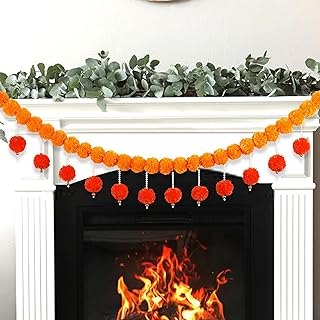 Fortuning's JDS Diwali Artificial Marigold Garland with Pearls for Mantel, Pendant for Home Indian Wedding Party, Long Strands Marigold Flower Hanging for Christmas Thanksgiving New Year