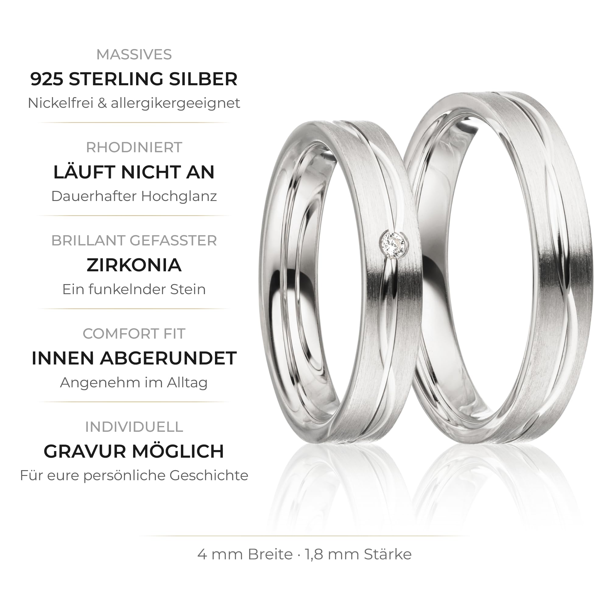 Kolibri Rings Eheringe Set 925 Silber, rhodiniert mit wellenförmiger Glanzfuge | Partnerringe, Trauringe Paarpreis Made in Germany mit Zirkonia + Gratis Gravur & Etui