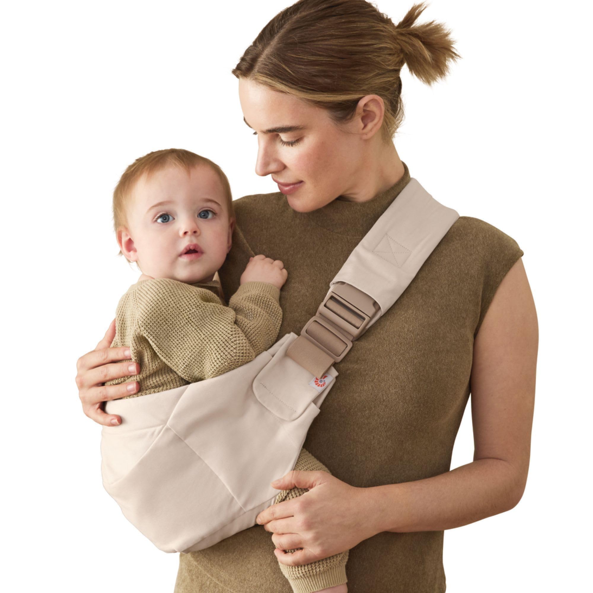 Ergobaby Upsie Sling Babyhüfttrage, Ergonomische Hüfttrage für Babys und Kleinkinder ab 6 Monaten (7,7-20,4 kg), spontanes Wechseln zwischen Laufen und Getragenwerden, Natural Beige