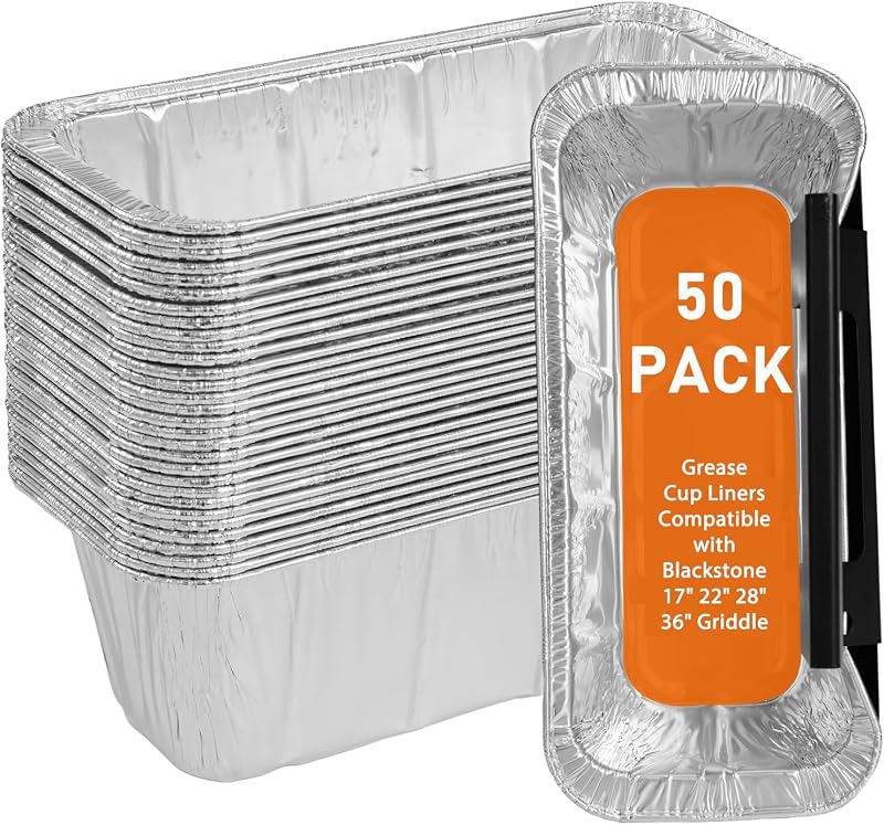 50-Pack Griddle Accessories for Blackstone - Grease Cup Liners Compatible with Blackstone 5017 Griddle, Aluminum Foil Drip Pan Disposable Grease Catcher Tray for 17, 22, 28, 36 Inch